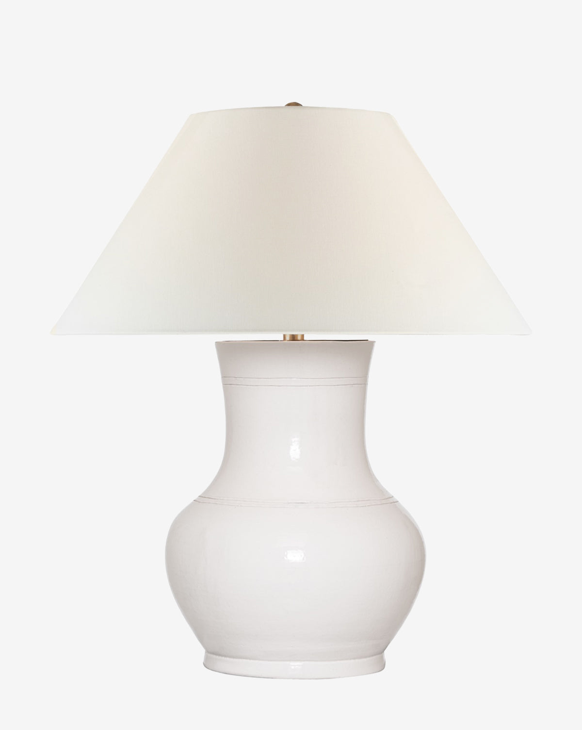The Sorrento Table Lamp by Visual Comfort & Co. Signature features a white ceramic base and a large, slightly tapered white linen shade, set against a plain white background. McGee & Co.