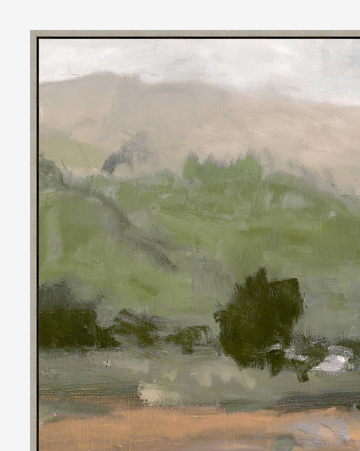 Southern June showcases rolling green hills and scattered trees with a misty mountain backdrop beneath cloudy skies. Its soft, impressionistic brushstrokes make it ideal abstract wall art.