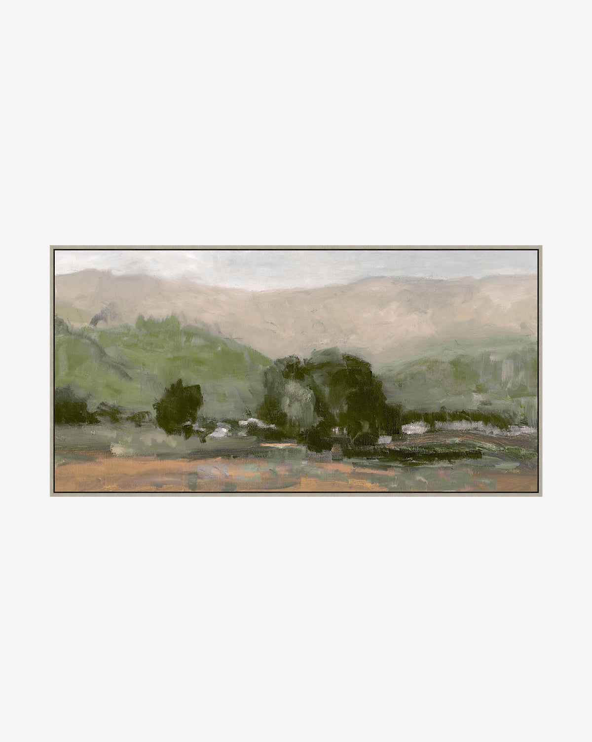Southern June is an impressionistic landscape wall art featuring rolling hills, green trees, and distant mountains beneath a cloudy sky in soft, muted tones with gentle blended brushstrokes, perfect as abstract home decor.