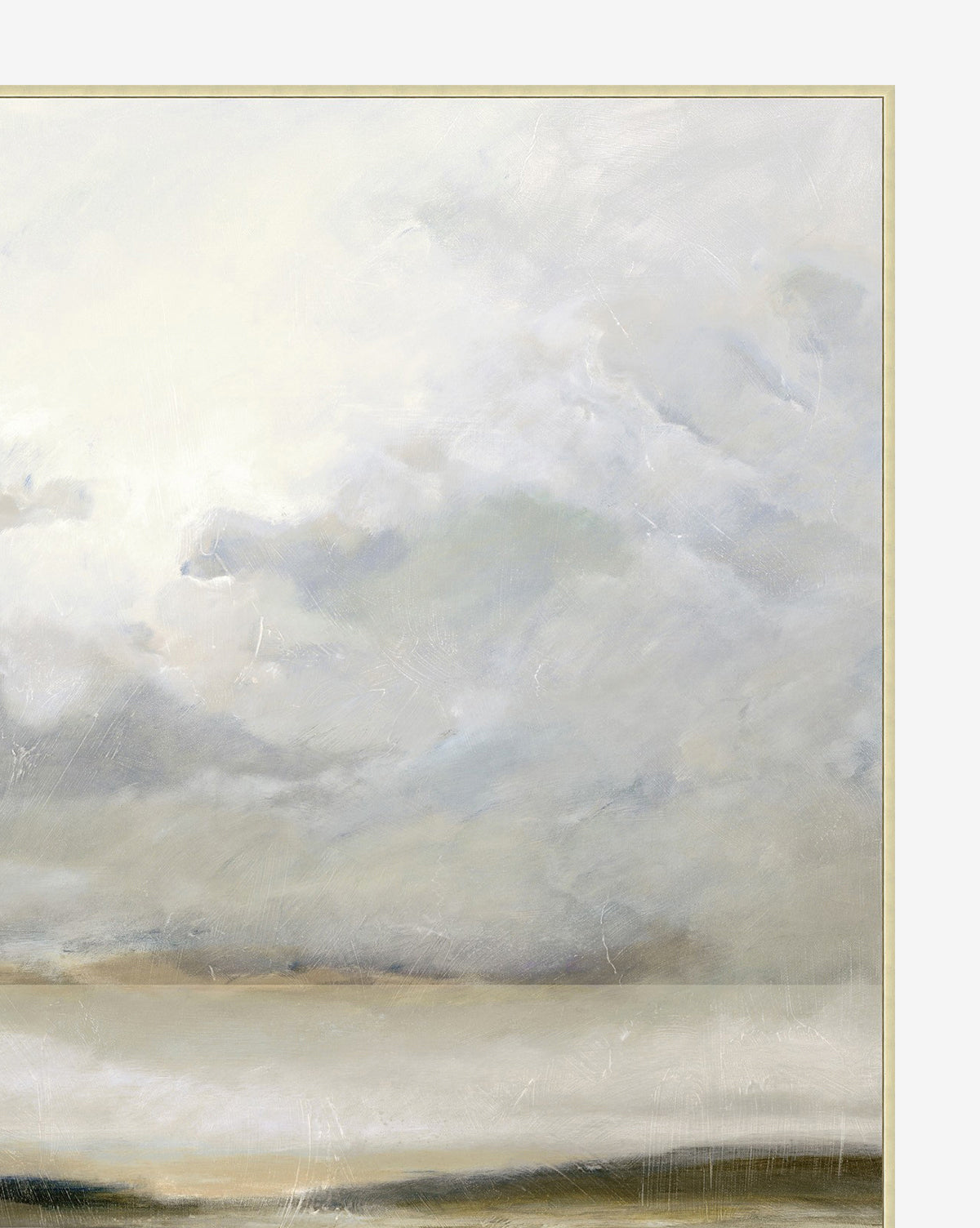Southern Wetland is a soft, abstract landscape painting with a cloudy gray and white sky above a hazy horizon and subtle earthy foreground, printed on artist-enhanced canvas—perfect for home decor.