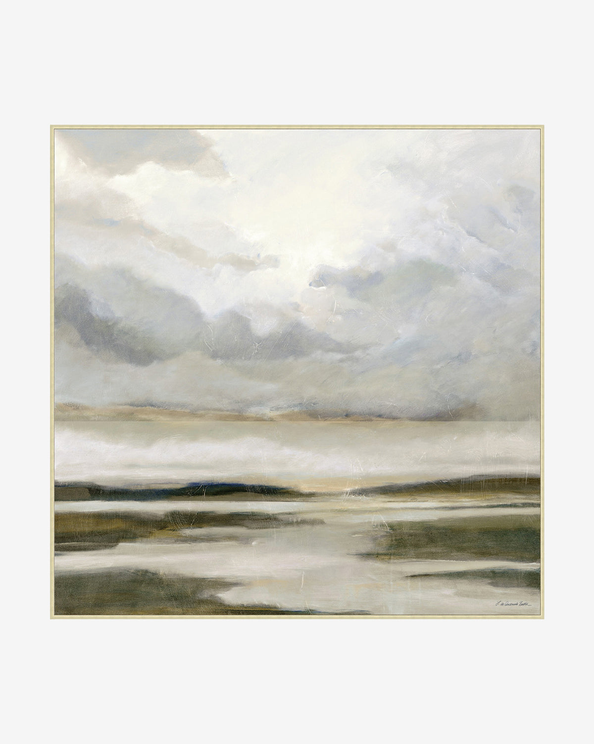 Southern Wetland features an abstract landscape in soft gray, white, and beige, evoking a serene wetlands scene with a cloudy sky over calm water—ideal art for modern homes or artist-enhanced canvas décor.
