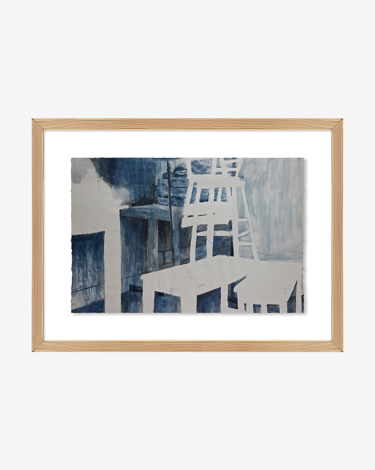 Space Study is a framed fine art paper print featuring a minimalist, monochrome blue scene with overlapping silhouettes of chairs and tables, sharp lines, and high-contrast geometric abstraction.
