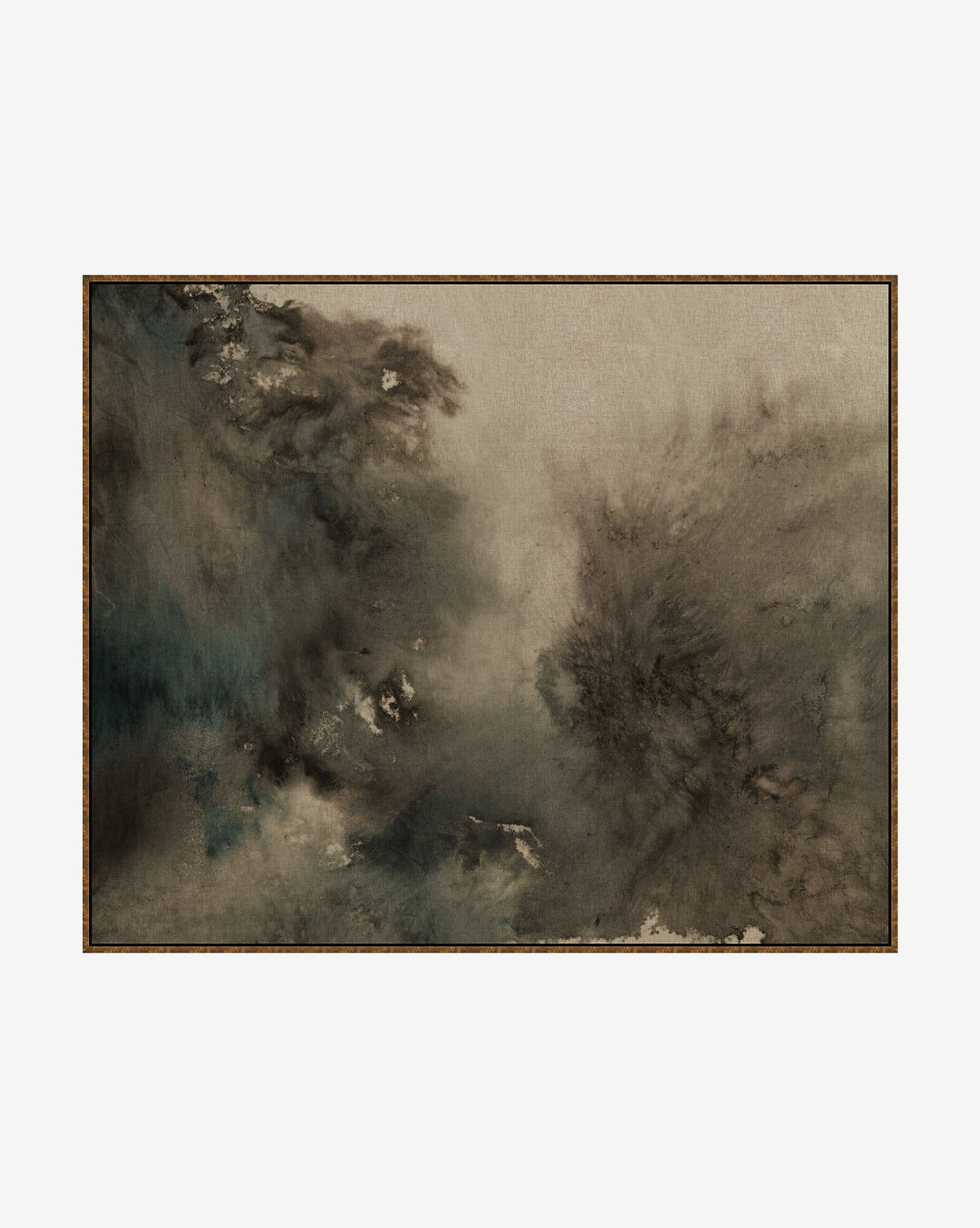The Spilled Ink framed wall art features dark, smoky black and gray tones blending into light beige for a misty, cloud-like effect, accented with a thin brown wooden border for a modern touch.