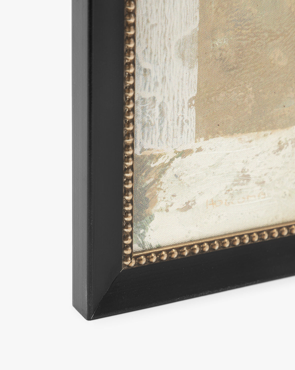 Close-up of the Spring Fresh Cuts artwork in a black frame with a decorative beaded inner edge, wrapping a neutral-toned canvas. The angled view highlights the frames corner and detailing.