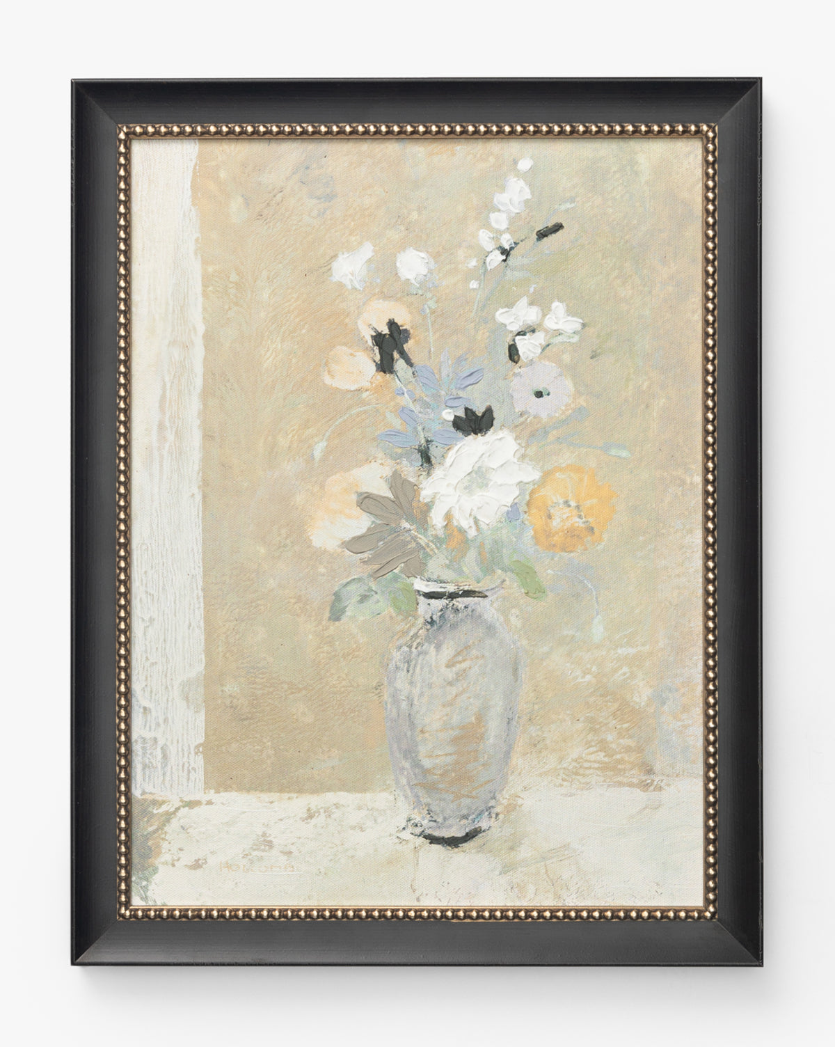 Spring Fresh Cuts is a framed giclee print showcasing a vase with light-colored flowers—white, yellow, and blue—on a textured beige background. The print comes in a black frame with decorative beading along the inner edge.