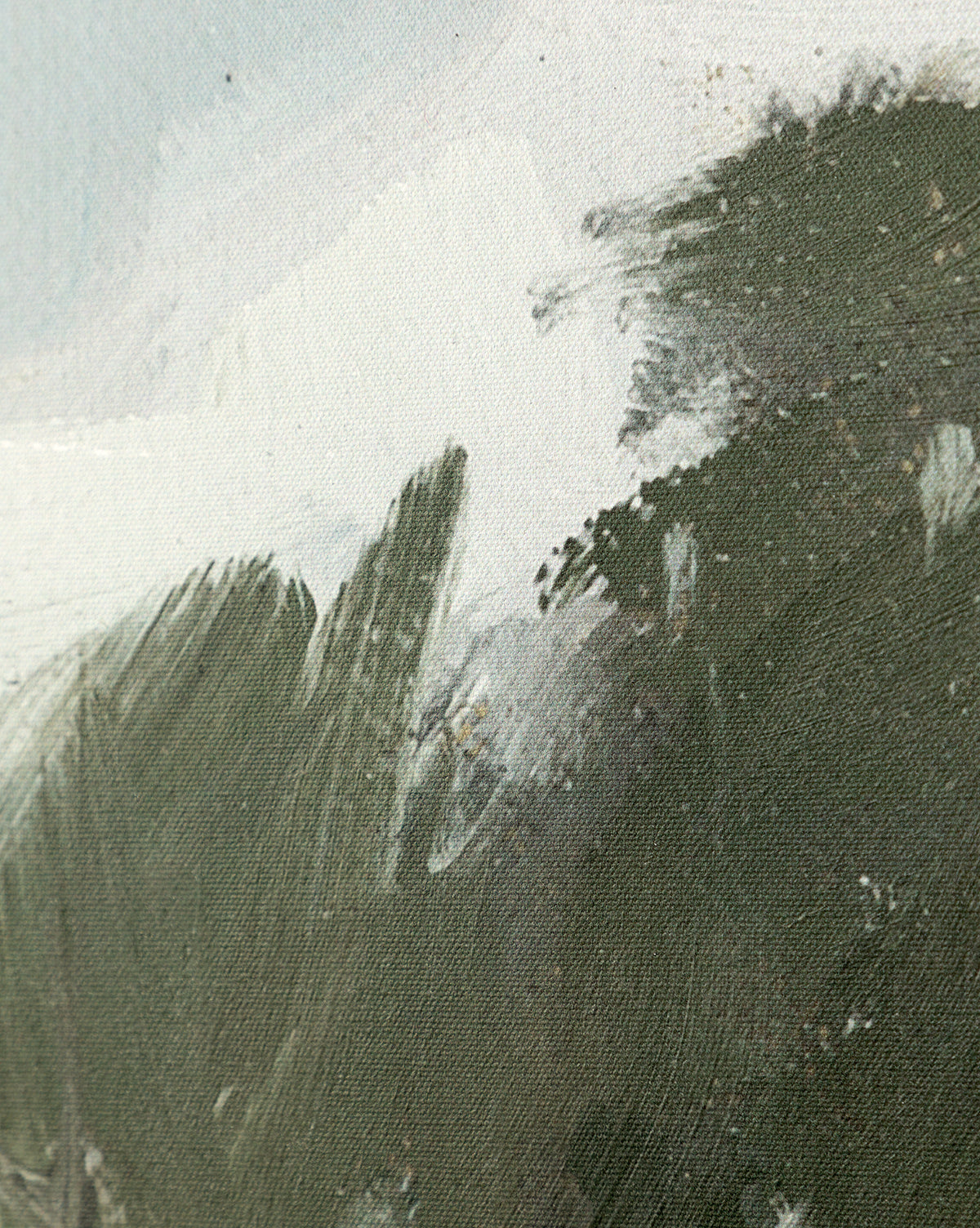 Close-up of Spring Skies, a gallery-wrapped canvas showcasing broad, textured brushstrokes in green, white, and gray for an abstract landscape effect.
