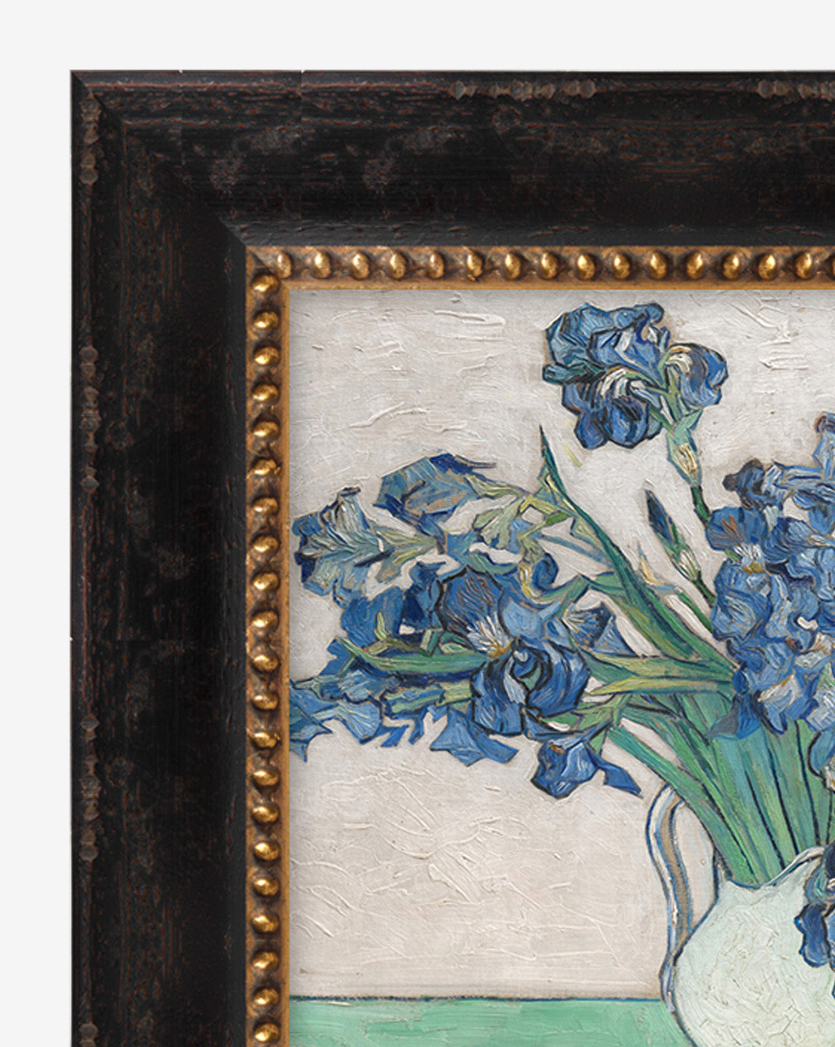 Partial view of Irises by Van Gogh shows blue irises with green stems in a white vase, set against a pale background. The elegant black and gold wood frame features decorative gold beaded accents.