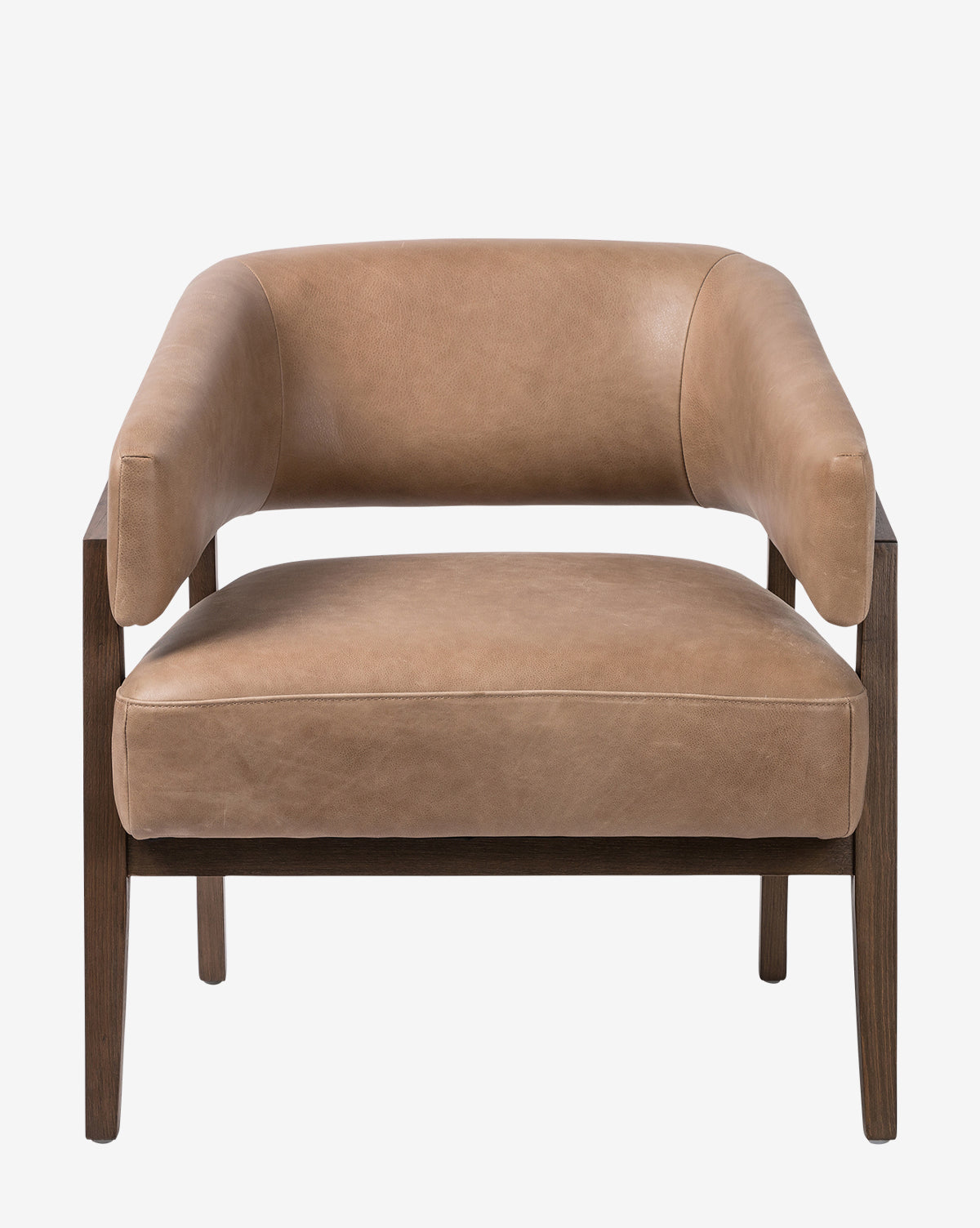 The Stanley Lounge Chair features tan leather upholstery, a curved backrest, a wooden frame, and straight legs in a contemporary design, set against a white background by McGee & Co.
