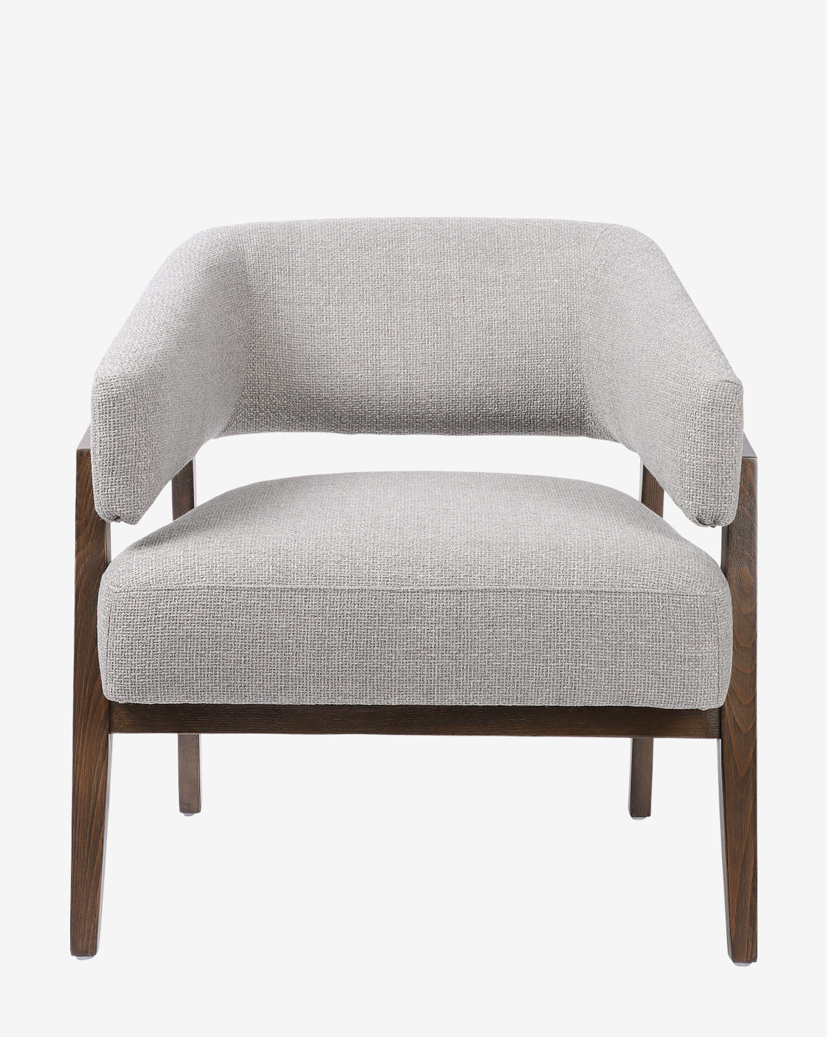 The Stanley Lounge Chair features a light gray upholstered seat and backrest with wooden legs and arms, highlighting contemporary style in the Stanley collection, shown against a plain white background, by McGee & Co.