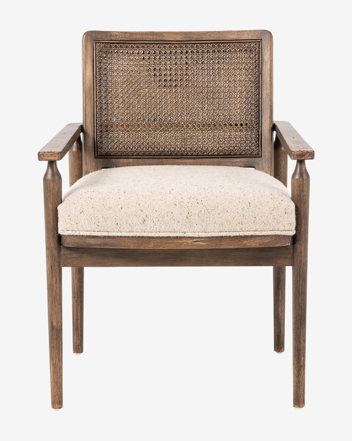 Front view of the Zalan Dining Armchair showcasing its woven cane back and cushioned taupe seat, displayed on a plain white background, by McGee & Co.