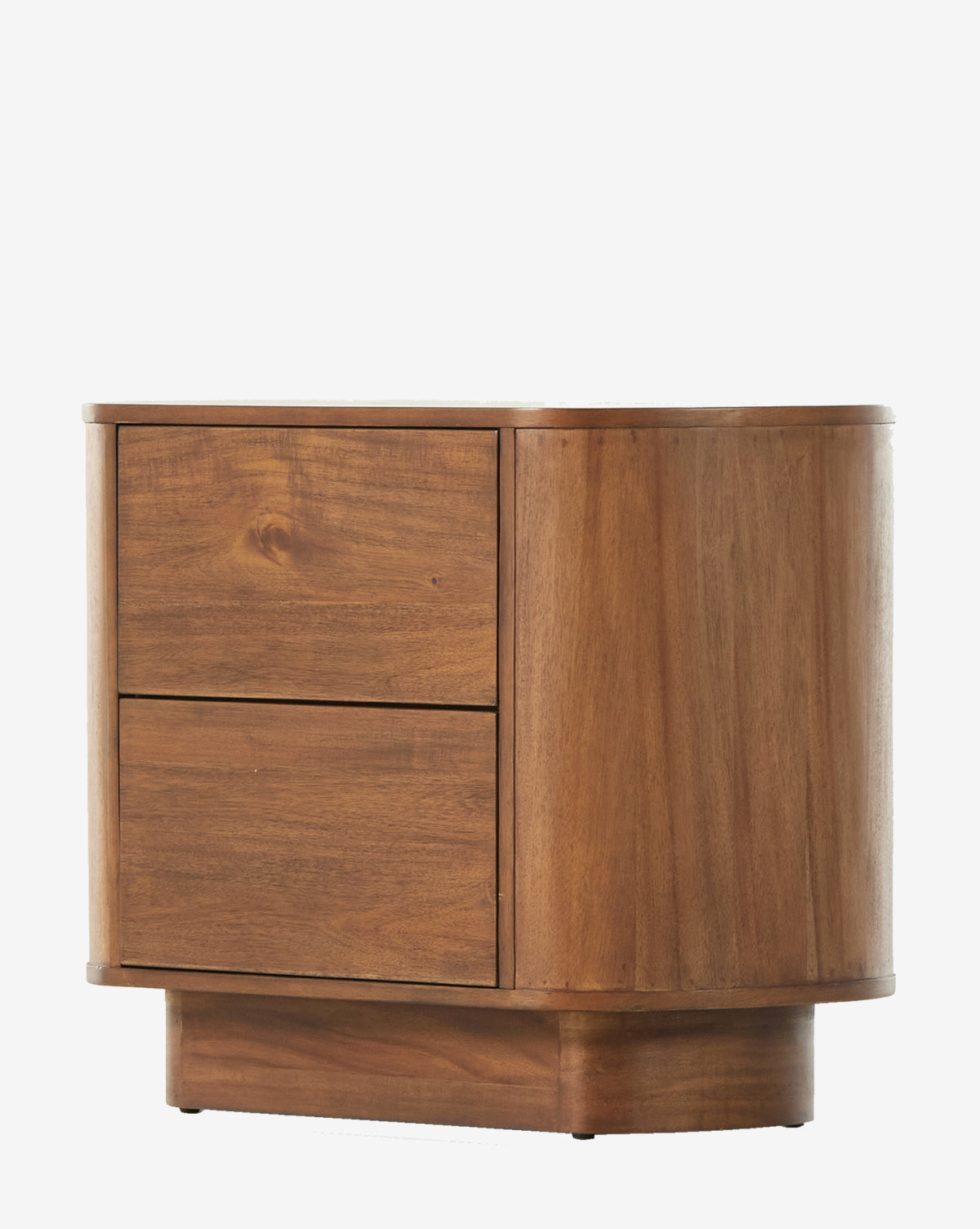 The Steffon Nightstand boasts a polished acacia wood finish, rounded edges, two front drawers, and a recessed base for a floating effect—ideal for adding modern style to bedrooms with plain white walls, by McGee & Co.