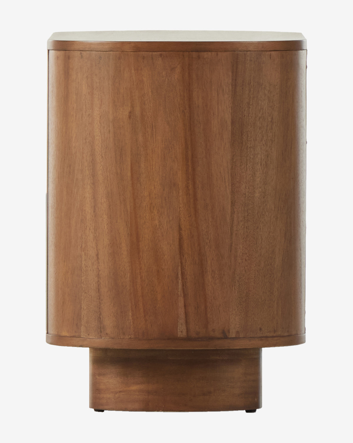 The Steffon Nightstand is a round, modern piece made from acacia wood with a smooth surface, cylindrical shape, natural finish, and sturdy raised base—ideal for stylish bedroom decor by McGee & Co.