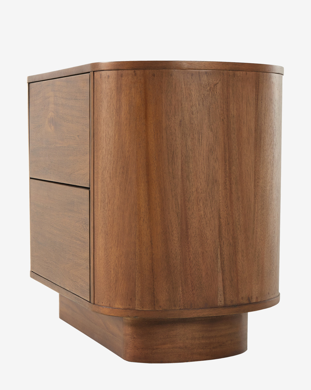 The Steffon Nightstand features a modern design with rounded corners, a smooth acacia wood finish, two drawers, and a slightly elevated solid base—seen from an angle to highlight its side and front—ideal for contemporary bedrooms, by McGee & Co.