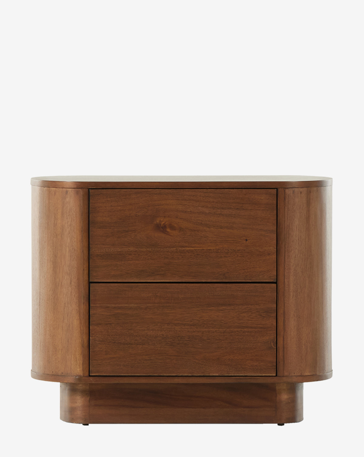 The Steffon Nightstand, shown on a white background, offers modern bedroom style with its acacia wood build, smooth finish, rounded corners, and two spacious drawers, by McGee & Co.