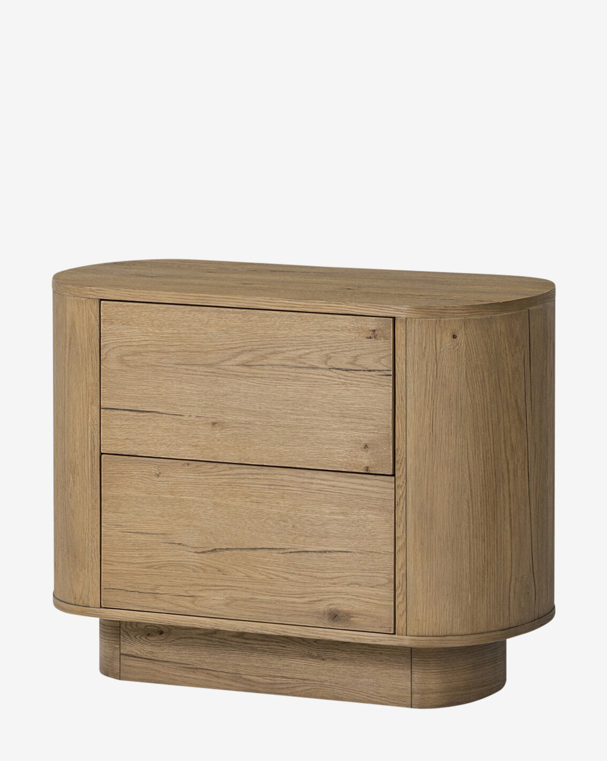 The Steffon Nightstand showcases a modern design in light acacia wood with rounded edges, two drawers, and a smooth surface—ideal for enhancing bedroom decor against a plain white backdrop, by McGee & Co.