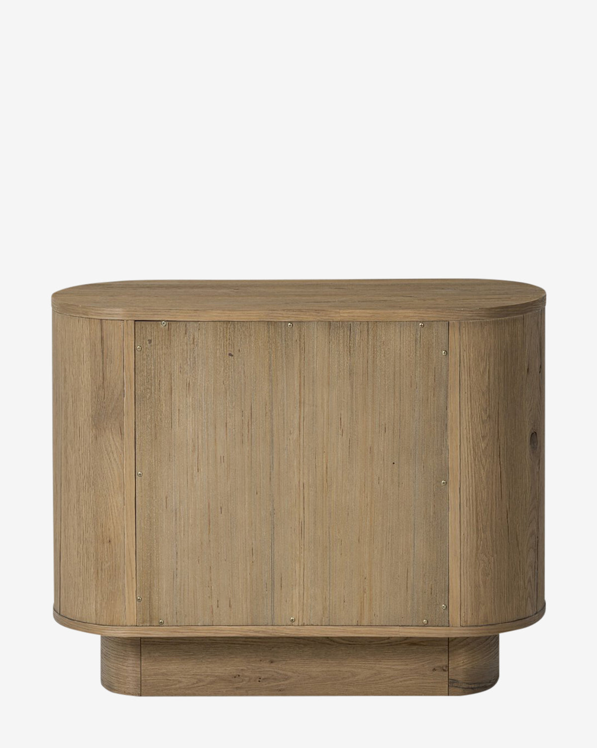 The Steffon Nightstand is crafted from acacia wood with rounded edges and a smooth light brown finish. Its plain front panel features visible grain and small corner screws, set on a short rectangular base—perfect for bedroom styling by McGee & Co.