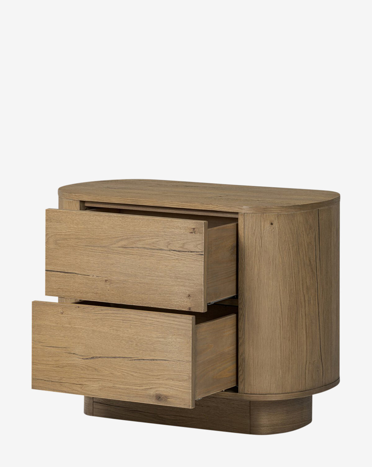 The Steffon Nightstand boasts an oval acacia wood design, two partially open drawers, and a natural wood grain finish—ideal for adding style and warmth to your bedroom against a white backdrop, by McGee & Co.