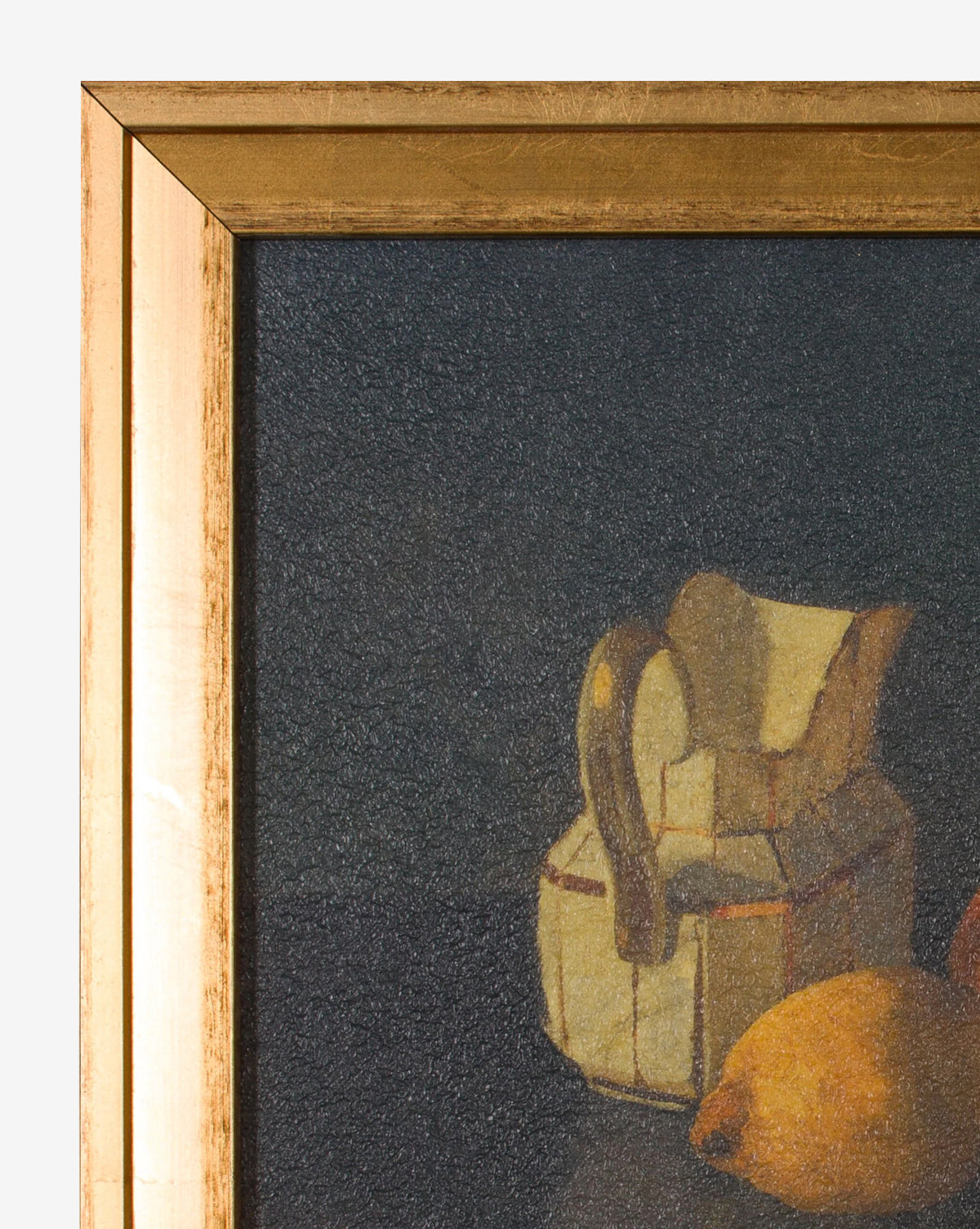 A close-up of framed artwork displays Still Life of Oranges with a Bowl canvas wall art, featuring oranges in a bowl on a dark surface. The wooden frame is finished in elegant gold, by McGee & Co.