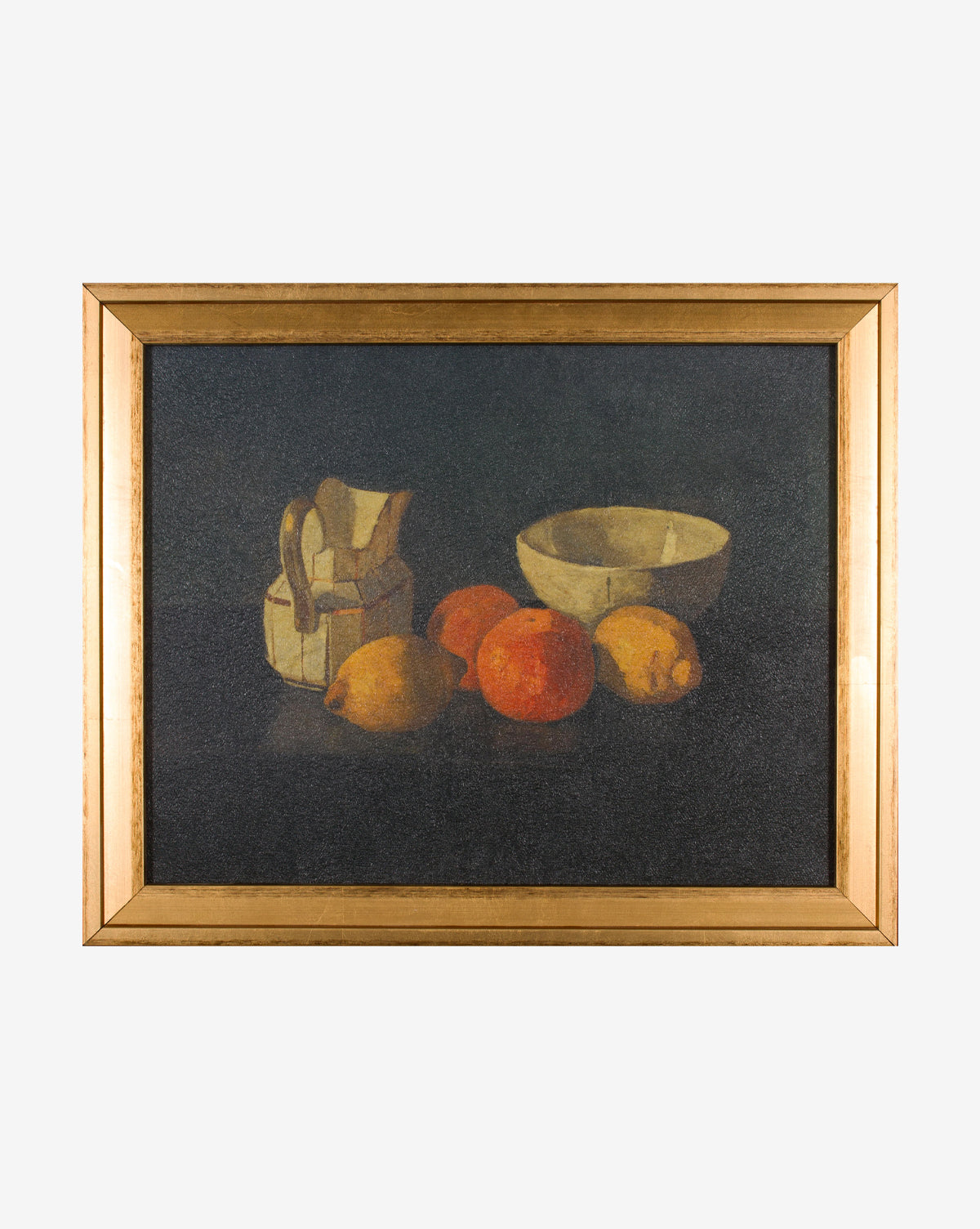 Still Life of Oranges with a Bowl is a framed canvas wall art featuring a white jug, bowl, and three oranges on a dark surface against a black background—an elegant addition to any space, by McGee & Co.