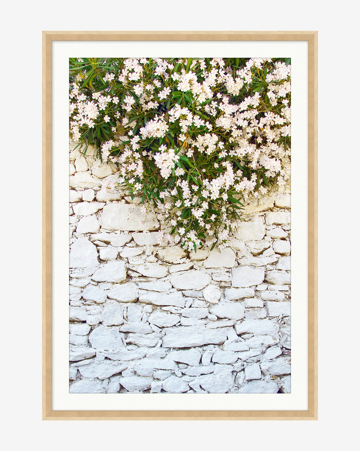 “Stone & Blossoms” features a cluster of small white flowers with green foliage over a whitewashed stone wall. This botanical giclee print comes framed in light wood with a white mat, ideal for gallery-quality home decor.