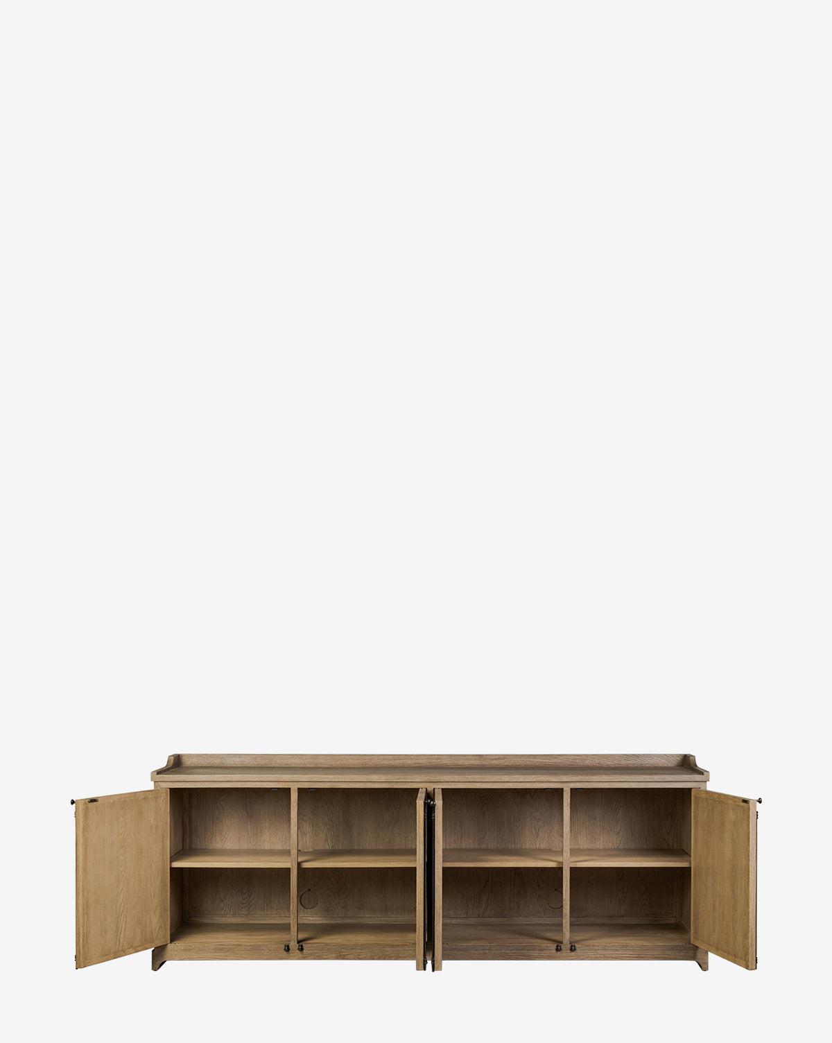 The Stonington Oak Sideboard features four open cabinet doors revealing multiple interior shelves for storage. Its weathered washed oak finish and minimal, modern design stand out against a plain white background, by McGee & Co.