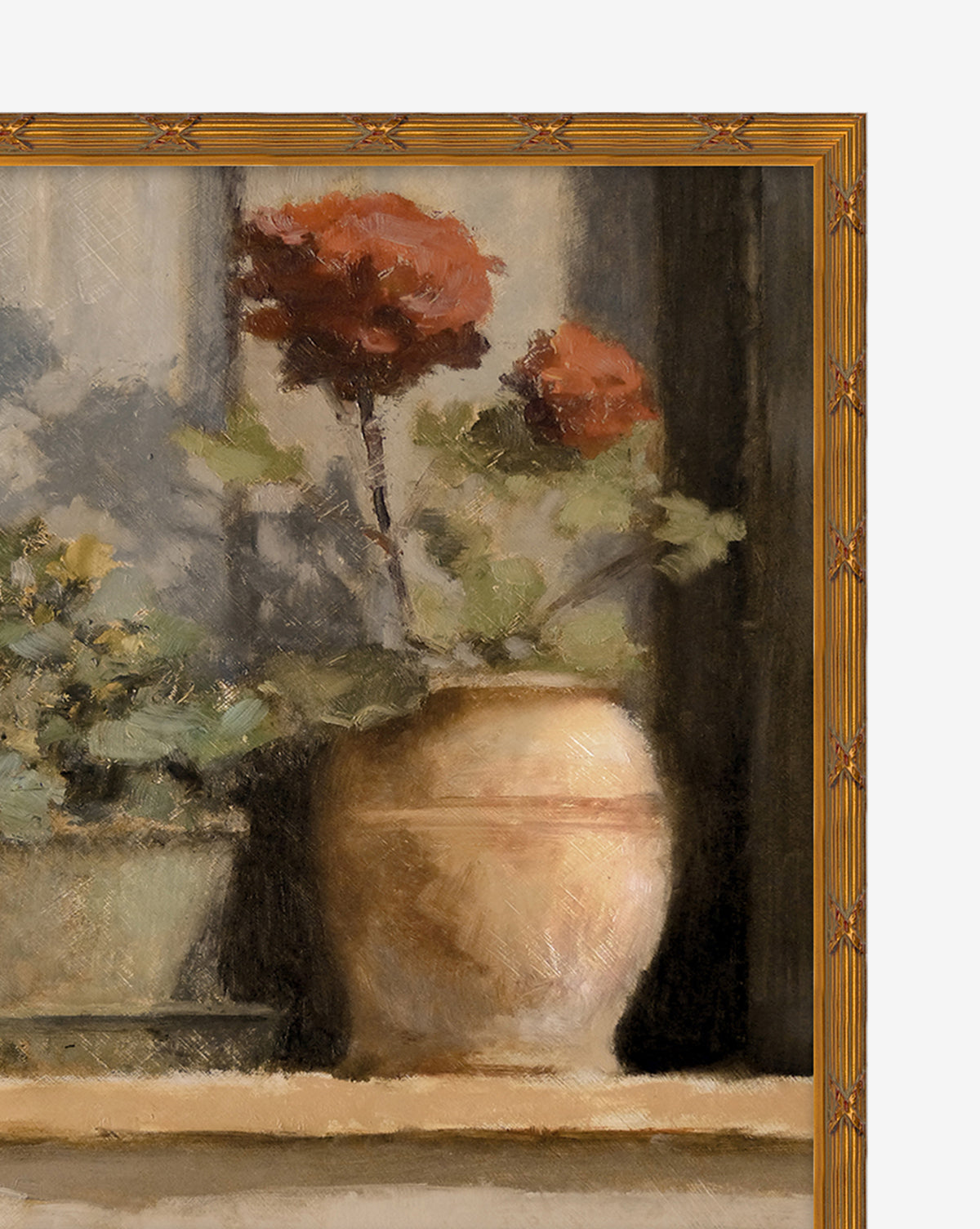 A framed painting titled Stoop Geraniums depicts vibrant green leaves in a beige planter on a sunny ledge, with muted background tones and another plant partially showing on the left.