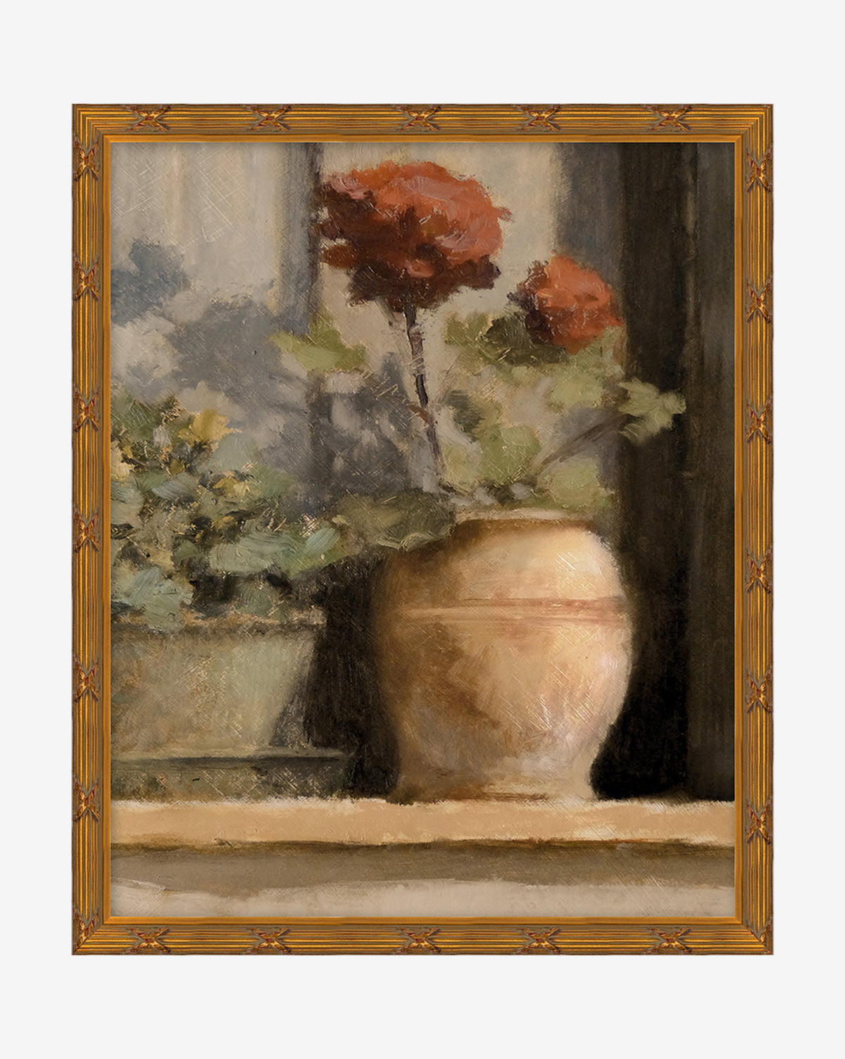 Stoop Geraniums is a framed painting of a potted plant with red flowers and green leaves on a ledge in summer light. The gold frame’s simple decorative pattern enhances the romantic charm of geraniums in a planter.