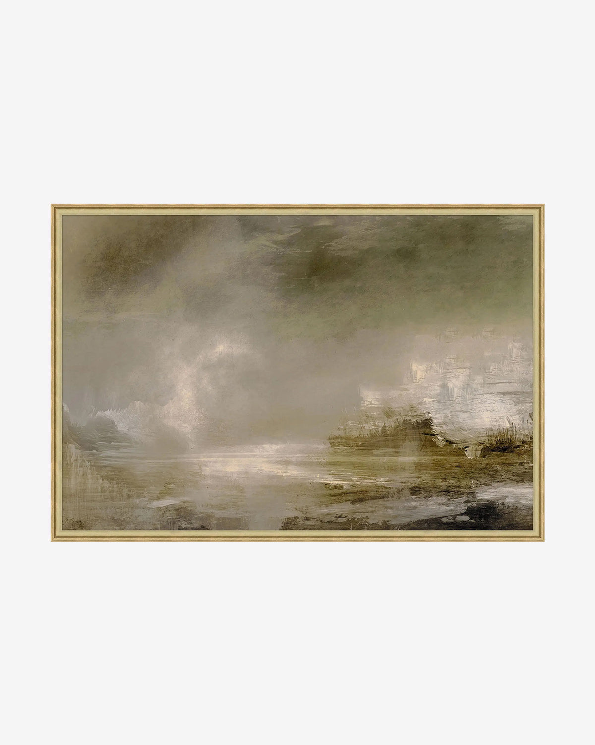Storms Eye by Dan Hobday features abstract, muted tones of gray, beige, and green with soft brushstrokes, evoking a foggy landscape. Beautifully presented as nature wall art in a gold frame, by McGee & Co.