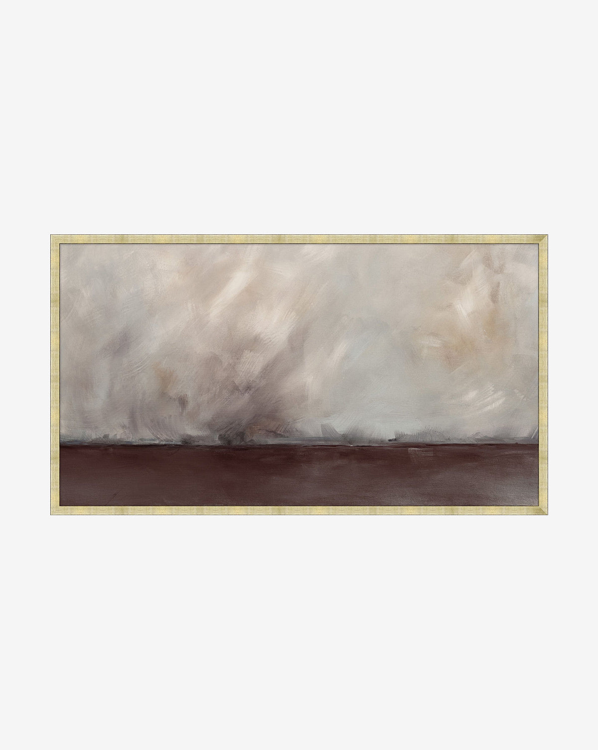 Stormy Expanse is a striking framed canvas showcasing a hazy, cloud-filled sky in soft gray and beige over a dark landscape. This Southwest-inspired artwork features a thin, light-colored frame for an elegant finish.