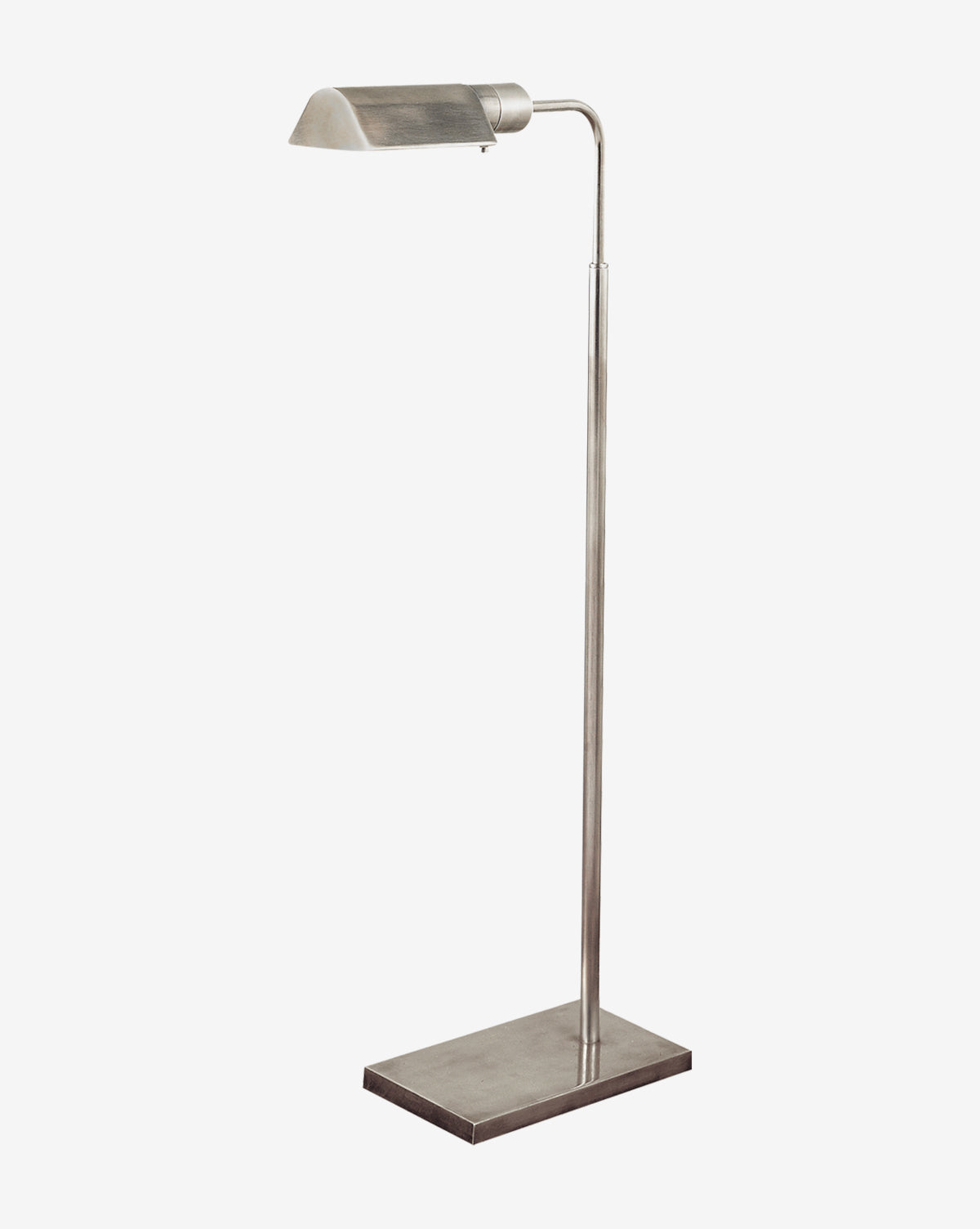 The Studio Adjustable Floor Lamp features a modern, minimalist design with a rectangular base, slim vertical stem, and angled rectangular lampshade in brushed silver—perfect as a stylish reading light against a plain white background by McGee & Co.