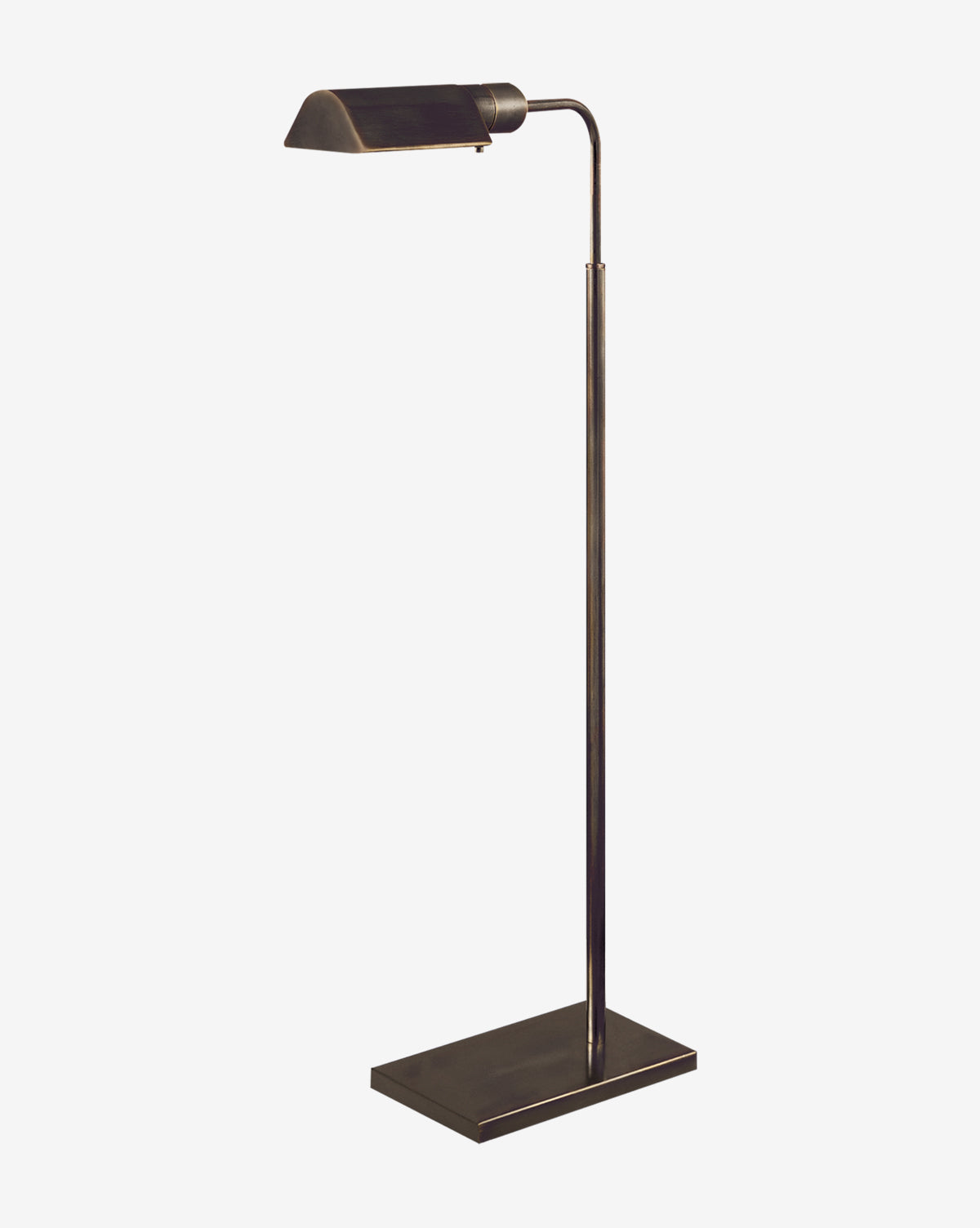 The Studio Adjustable Floor Lamp by Visual Comfort & Co. Signature features a sleek dark metal finish, rectangular base, and angled shade—its modern minimalist design adds elegance and provides ideal reading light for contemporary spaces. McGee & Co.