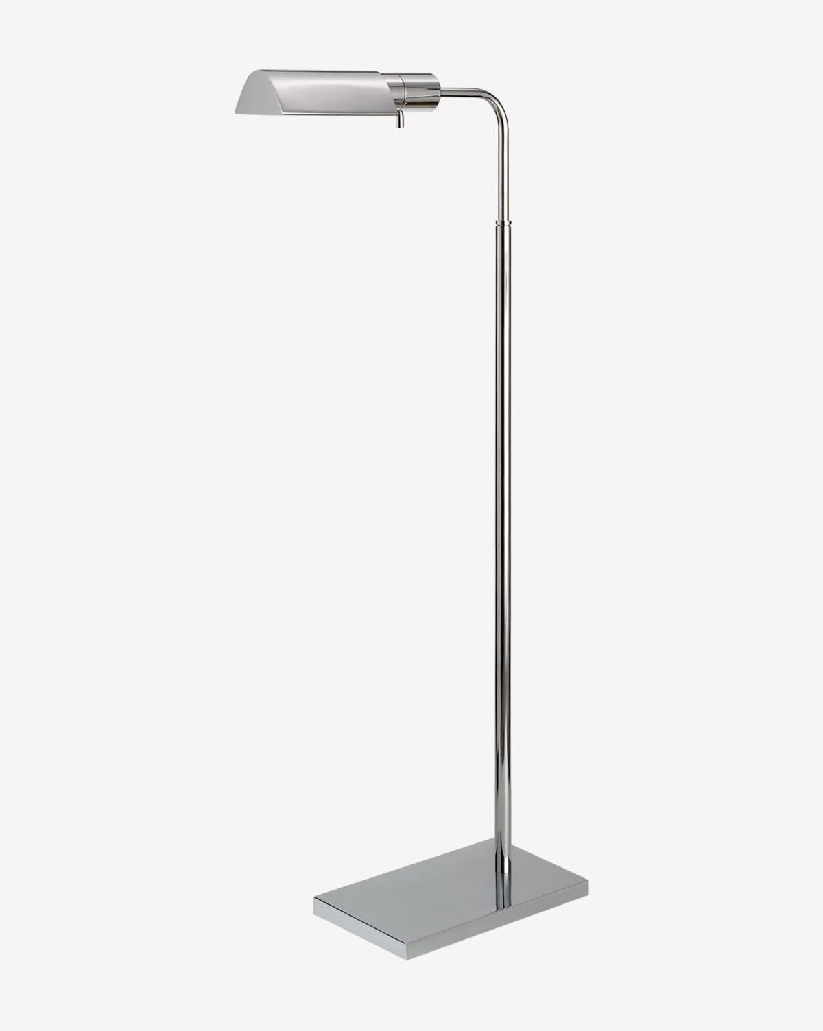 The Studio Adjustable Floor Lamp is a modern, minimalist light with a shiny chrome finish, rectangular base, slender vertical stem, and sleek horizontal rectangular head—ideal as a stylish reading lamp. Shown on a plain white background, by McGee & Co.