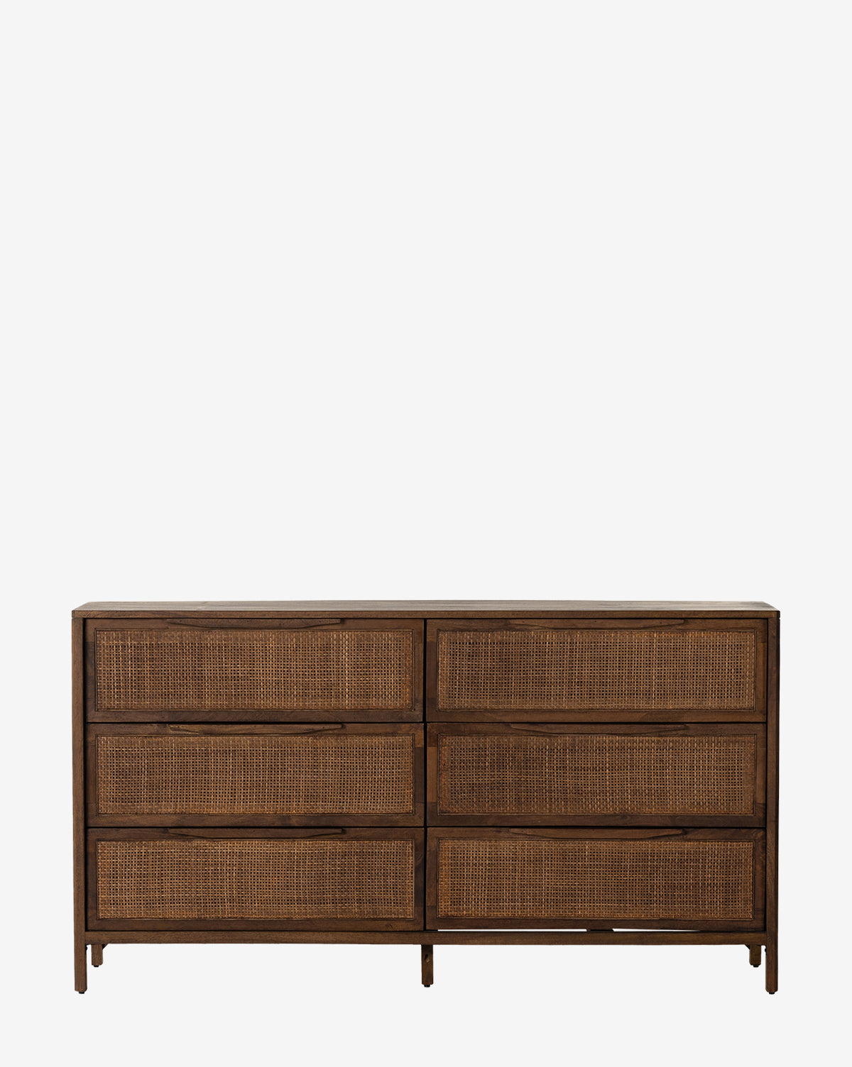 The Summer 6-Drawer Dresser features a dark brown wood finish and stylish caned drawers, shown against a plain white background by McGee & Co.