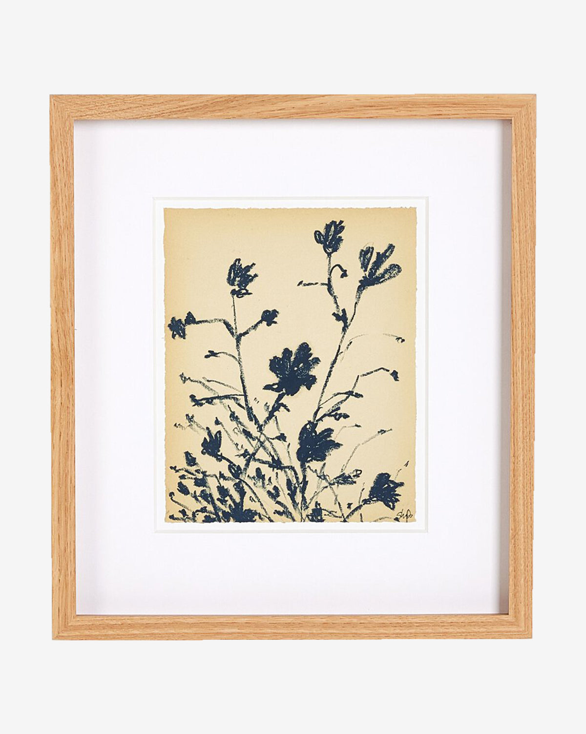 Summer Weed by Shaina Page: a gallery-quality artwork with minimalist dark blue botanical silhouettes on beige, framed in light wood with a wide white mat, by McGee & Co.