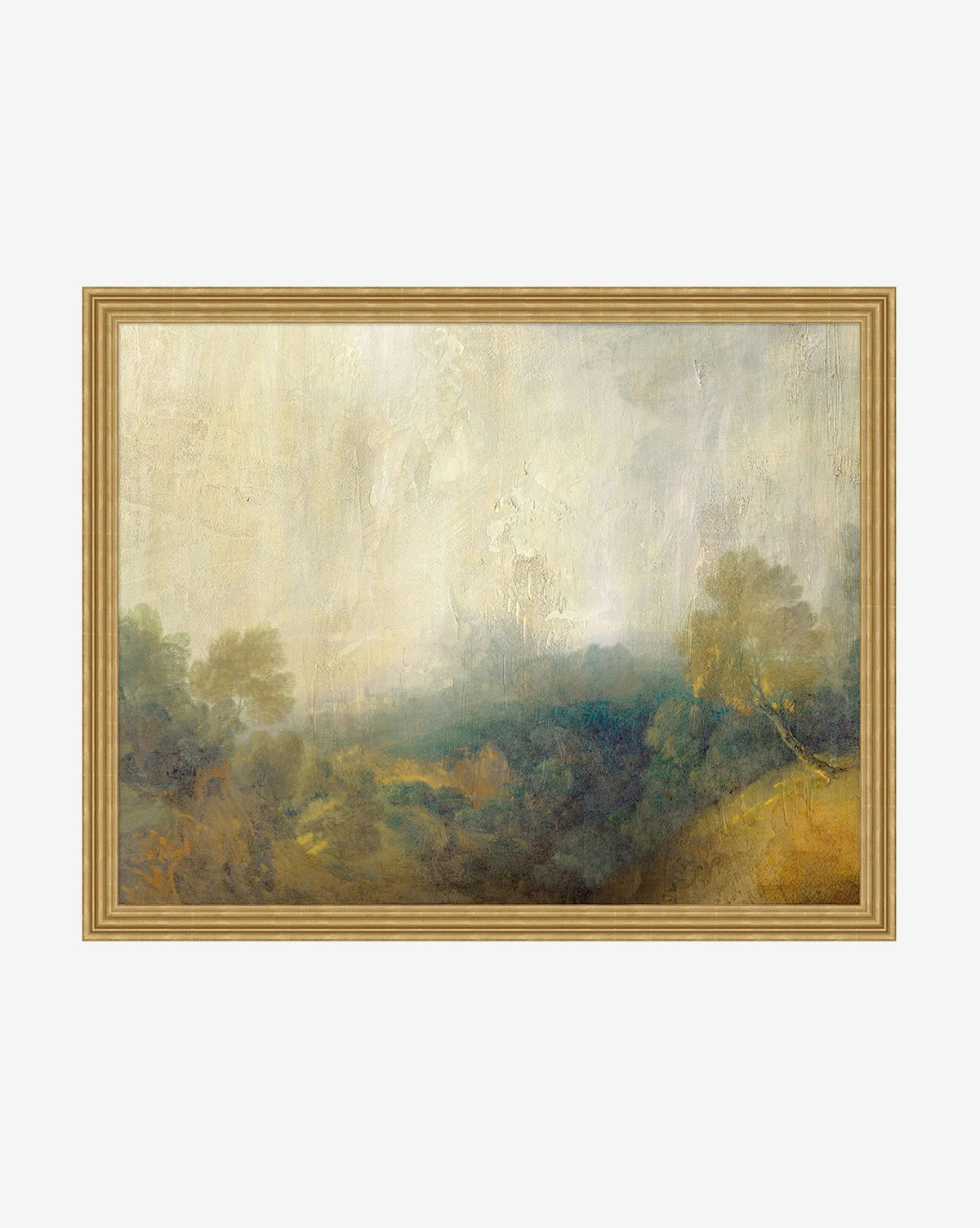 “Sunlit Valley” is a framed giclee on canvas painting of a misty landscape with trees and rolling hills, displaying soft, muted colors and a hazy effect in an antique gold frame, by McGee & Co.