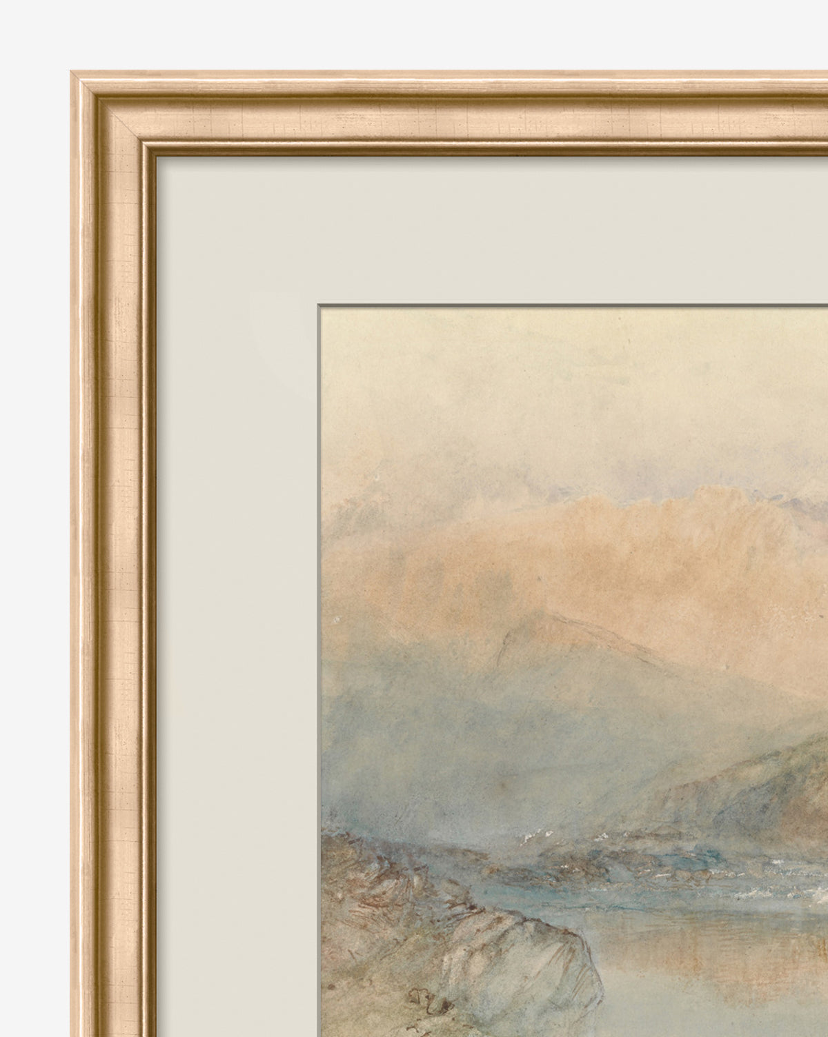 Close-up of the Sunset Hills giclee print, showing the top left corner with a pale landscape of misty mountains and water, bordered by a light matte and light wood frame.