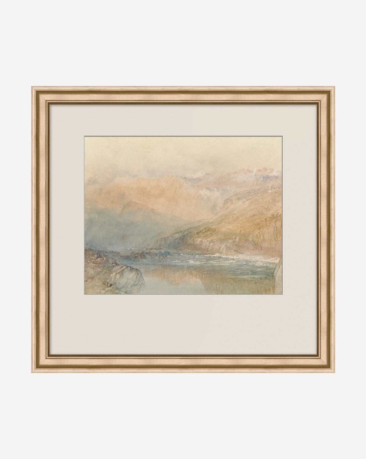 Sunset Hills is a framed watercolor painting featuring a serene landscape of misty hills and a calm lake in earthy pastel tones—ideal shoreline wall art to bring tranquility to any space.