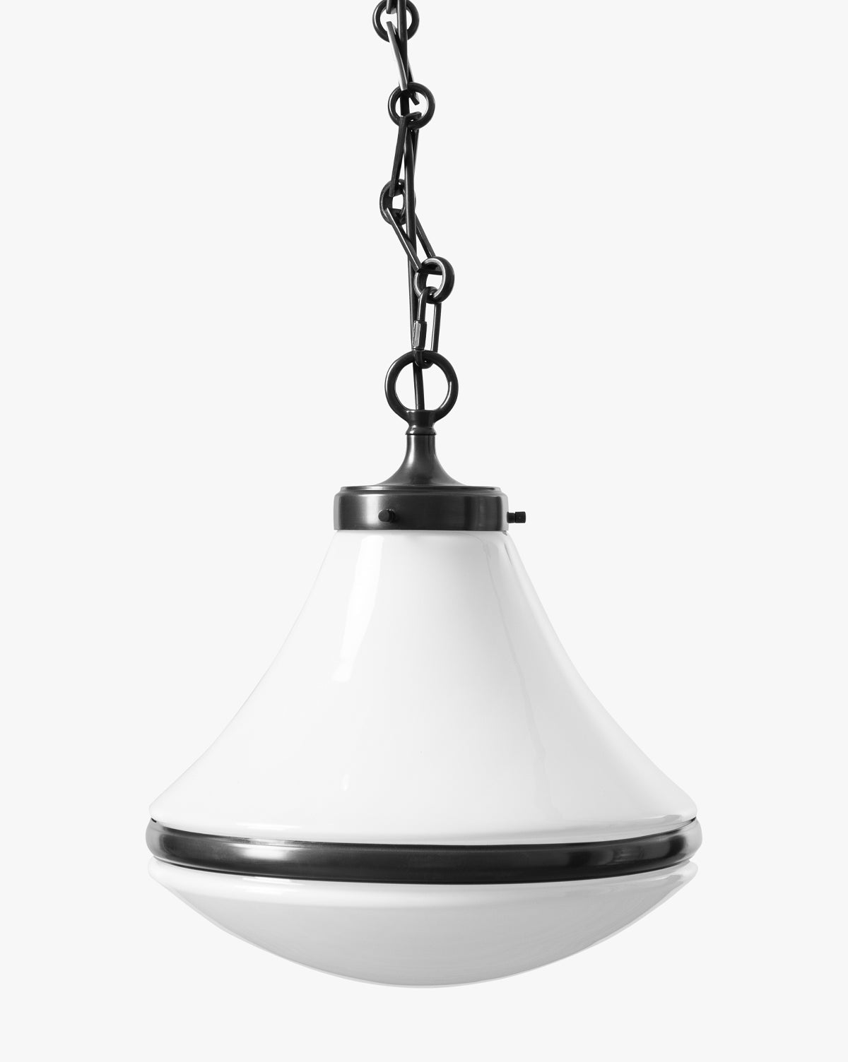 The Sutter Pendant features a modern teardrop shape with a white flared glass shade, black metal trim, and hangs from a black chain, all showcased against a plain white background by McGee & Co.