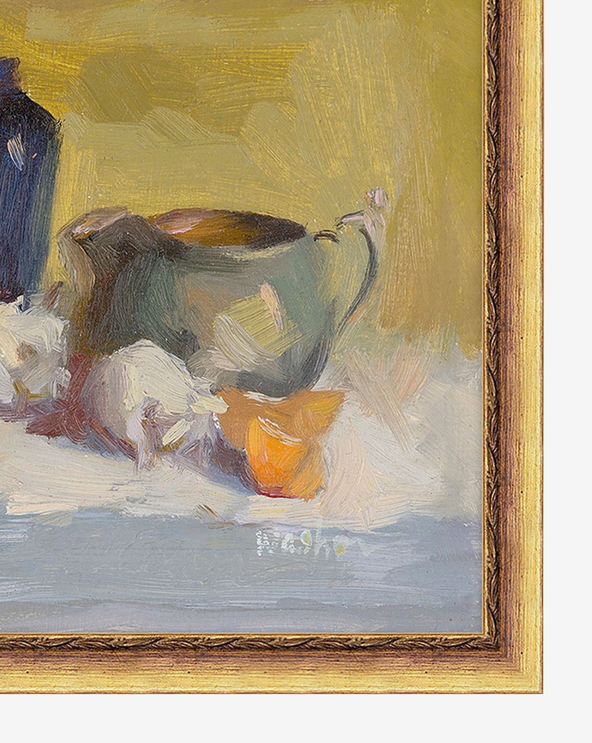 A close-up shows Table Top Still Life by Joyce Washor, a framed painting with a silver teapot, garlic bulbs, and an orange item on a light surface, set against a yellow-gray background in an impressionistic style.