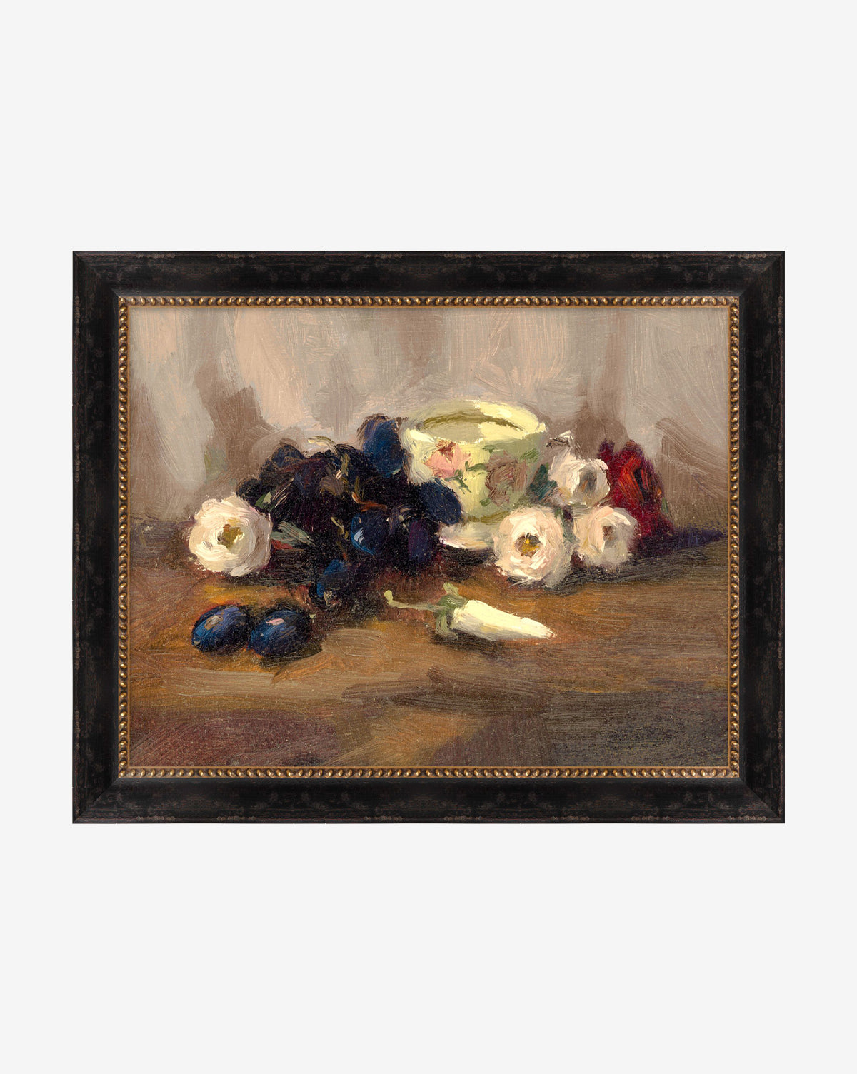 Tableside by Joyce Washor is a romantic still life on gallery-wrapped canvas, depicting a bowl with flowers, grapes, onions, and produce on wood in soft colors with impressionist brushstrokes, by McGee & Co.