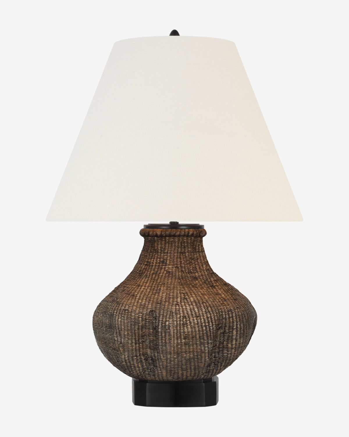 The Visual Comfort & Co. Signature Tahiti Table Lamp features a textured brown seagrass woven base and a large white linen shade, displayed against a plain white background, McGee & Co.