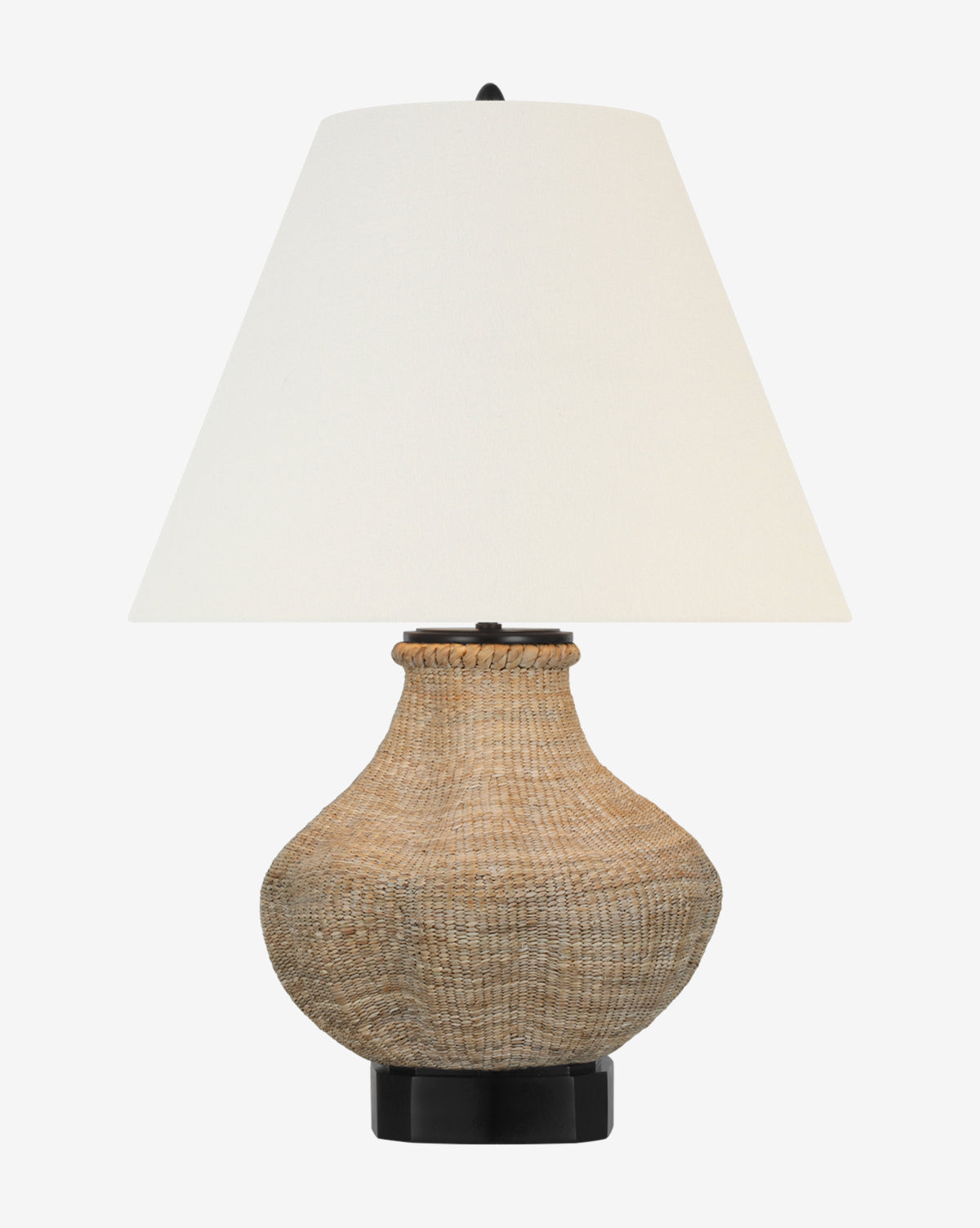 The Tahiti Table Lamp showcases a wide, textured woven rattan base topped with a large white linen shade, all set against a plain white background, by McGee & Co.