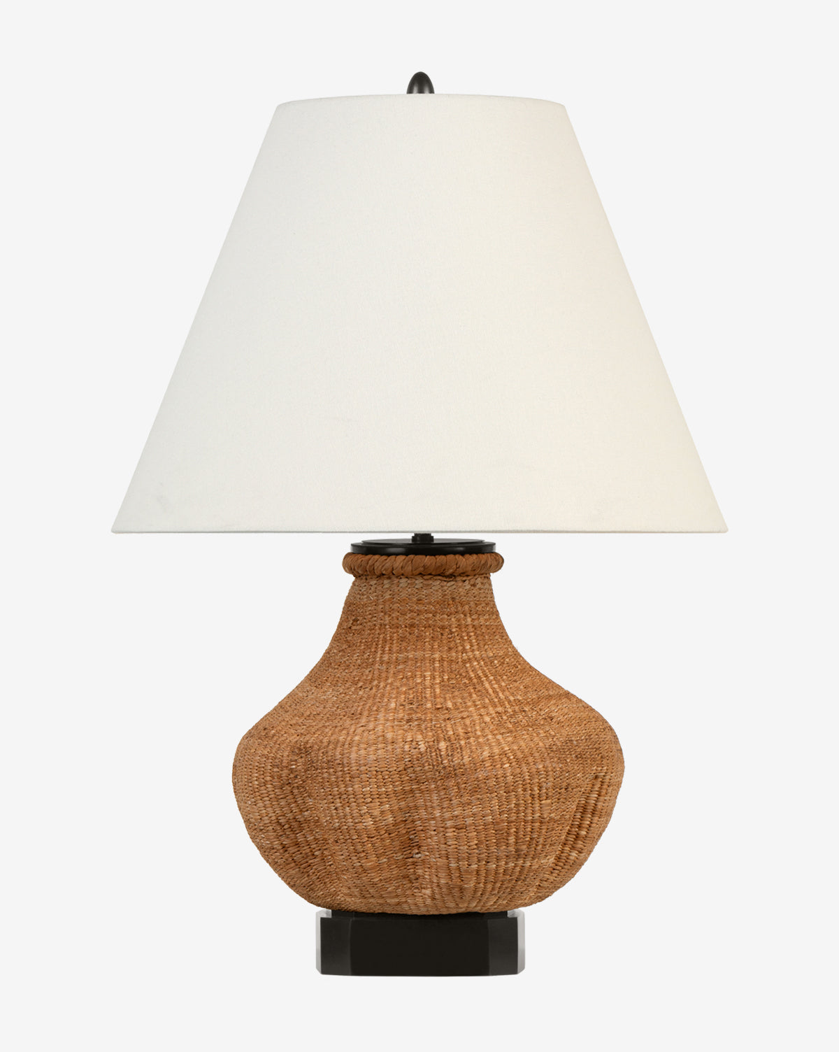 The Tahiti Table Lamp features a textured, light brown seagrass woven base and a wide linen shade, shown against a plain white background, by McGee & Co.