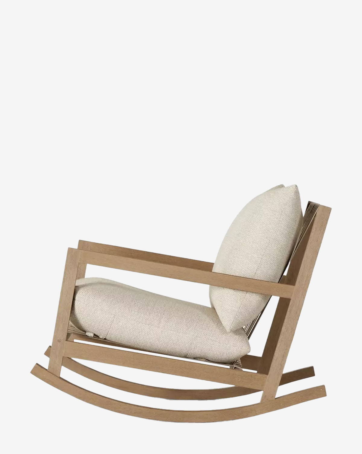 The Talia Outdoor Rocking Chair features angled armrests, light beige seat and back cushions, and curved teak rockers—shown in profile against a white background—making it perfect for stylish backyard lounging by McGee & Co.