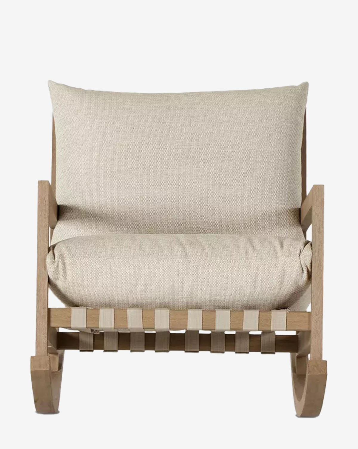 The Talia Outdoor Rocking Chair features a modern teak design with a light wood frame, wide armrests, and beige seat and back cushions—an ideal stylish addition to any backyard, by McGee & Co. Shown on a plain white background.