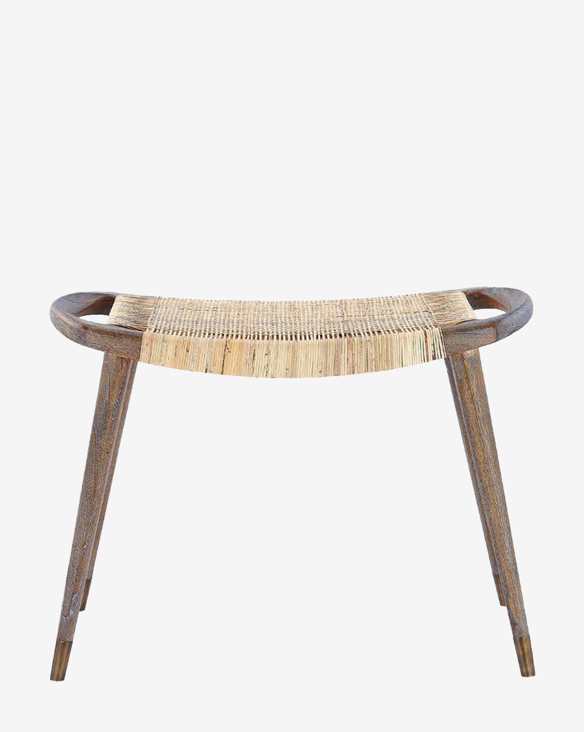 The Tallulah Stool by Villa & House, LLC is a mahogany bench with three legs, a curved handwoven cane seat, and two open handles at each end, shown on a plain white background. McGee & Co.