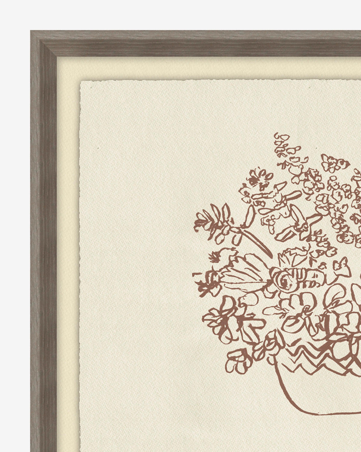 The Tea Cup of Flowers artwork is a giclee print on antique white watercolor paper, with a wood frame, showing a simple brown line drawing of a floral bouquet in a tea cup against a textured off-white background.
