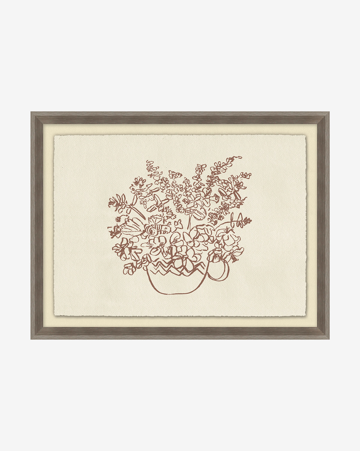 The Tea Cup of Flowers is a framed artwork showcasing a simple brown ink line drawing of a floral bouquet in a mug, sketched on textured cream-colored antique white watercolor paper.