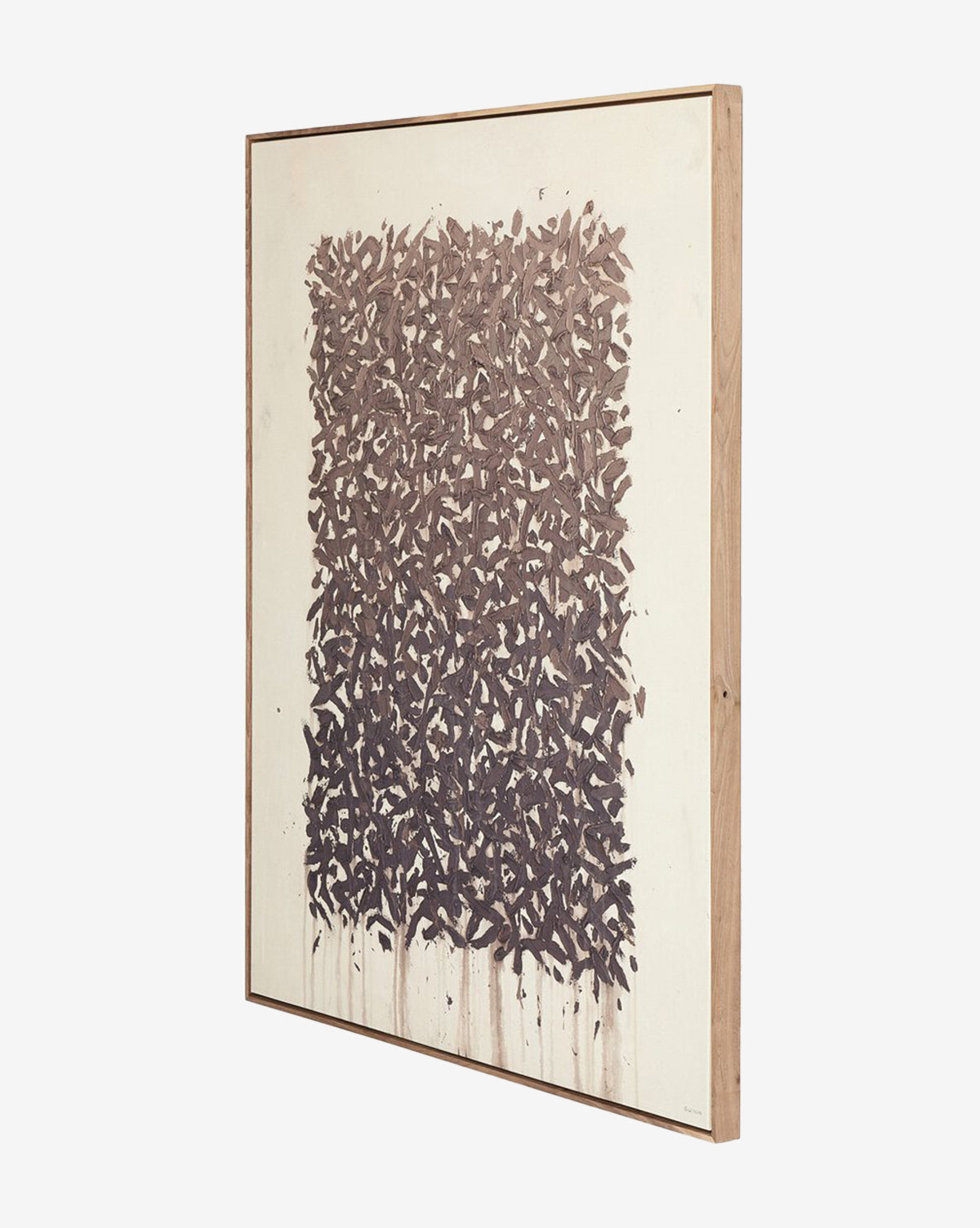 Tender Provisions by Tyler Guinn is an abstract wall art featuring a dense cluster of dark, leaf-like shapes on a light background, some dripping downward. Presented at an angle in a rustic walnut frame with a matte canvas finish, by McGee & Co.