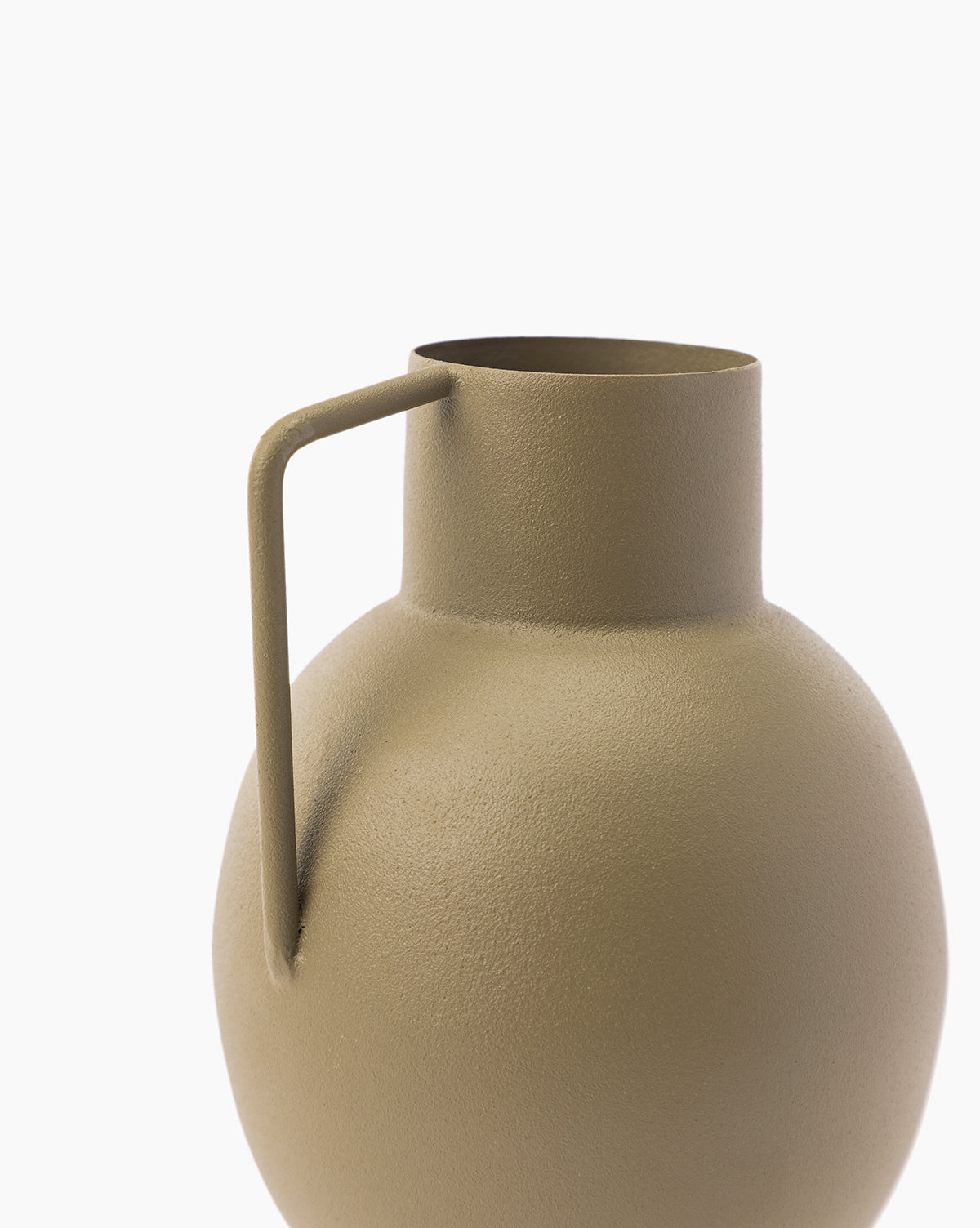 The Tenya Metal Vase is a matte, textured, round iron vase in olive green with a straight angular handle from neck to body, shown against a plain white background.